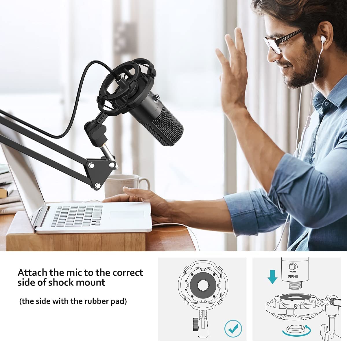 Fifine USB Podcast Microphone Kit for PC Computer, Studio Condenser Mic with Boom Arm, Gain Control, Shock Mount for Recording, Voiceover, Video on Tiktok YouTube Video-T669