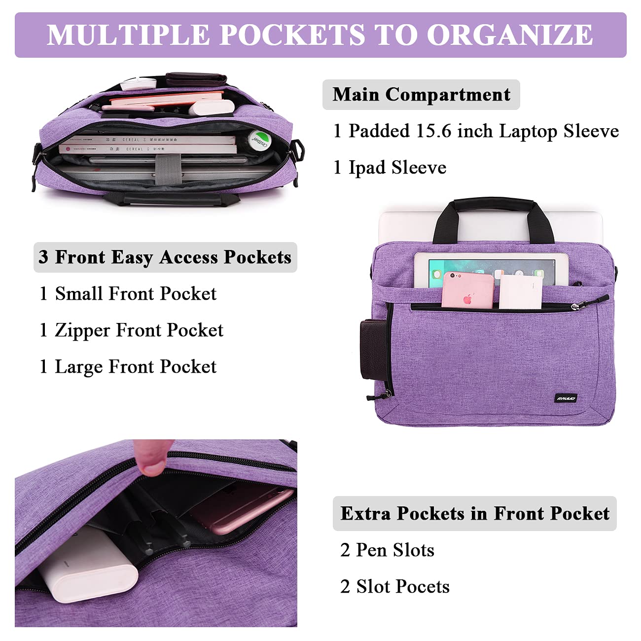 Laptop Bag for Women,RAVUO 15.6 inch Lightweight Shoulder Bag Water Resistant Shockproof Laptop Sleeve Case Business Briefcase with Shoulder Strap Purple