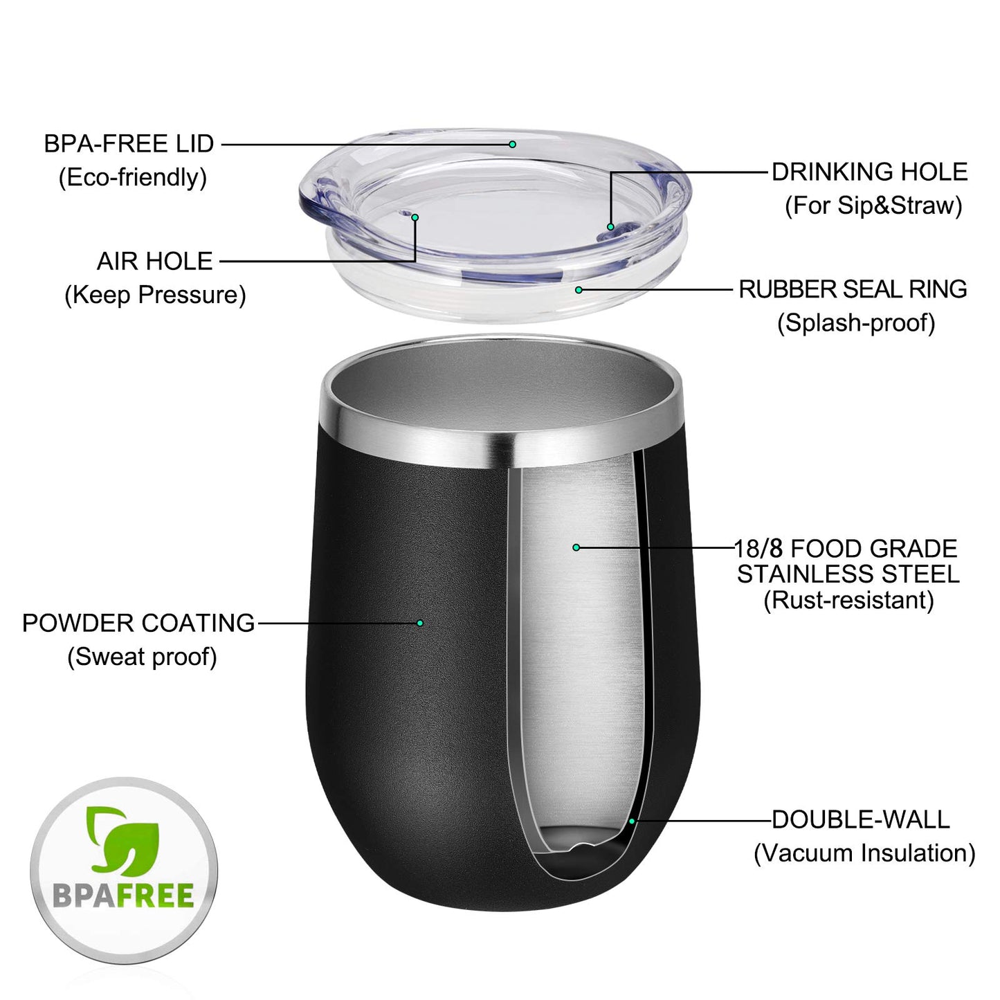 VEGOND Wine Tumblers Bulk 12 Pack, 12oz Stainless Steel Stemless Wine Glass with Lids and Straws, Double Wall Vacuum Insulated Tumbler Cup，Coffee Mug for Cold Hot Drinks