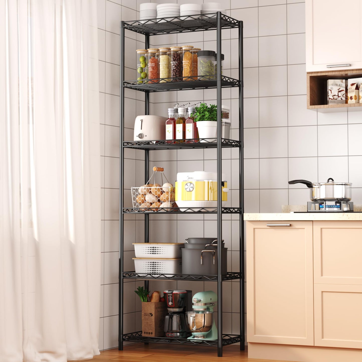 HOMEFORT 6-Tier Wire Shelving, 6 Shelves Unit Metal Storage Rack, Durable Organizer, Perfect for Pantry Closet Kitchen Laundry Organization (Black)