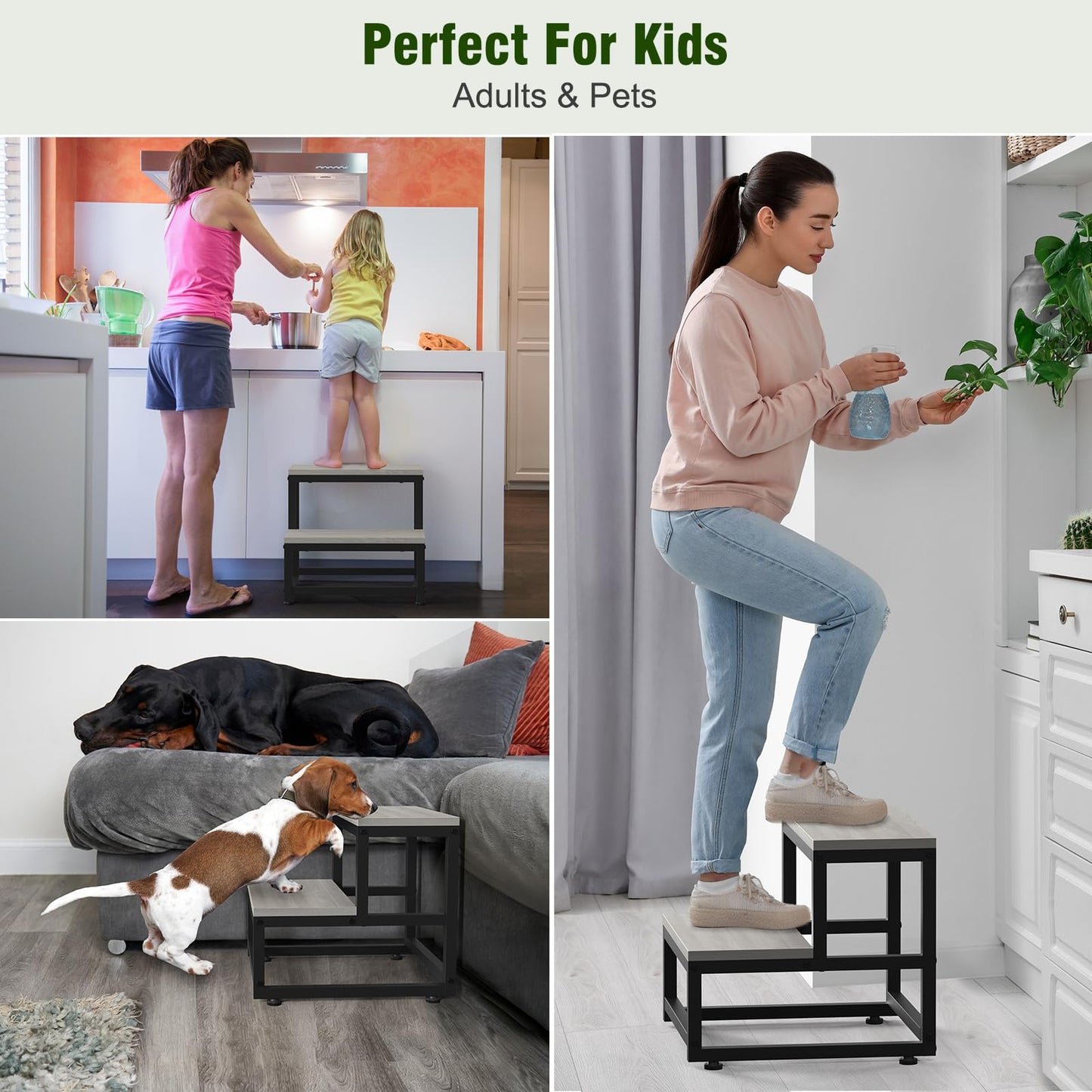 LIANTRAL 2 Step Stool for Adults Kids, Heavy Duty Wooden Stepping Stools, Bedside Foot Stool with 500lbs Load Capacity, Non-Slip Step Stool for High Bed, Kitchen, RV - Grey