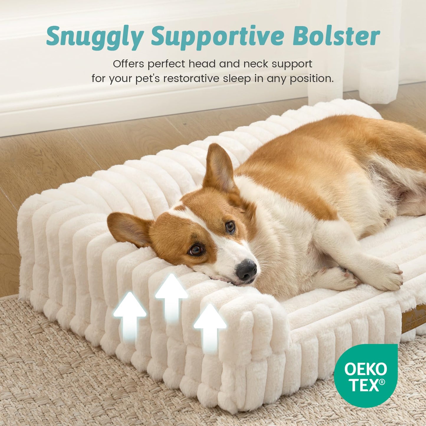 COZY KISS Cute Dog Bed, Faux Fur Orthopedic Foam Dog Bed with Sides, Removable Washable Cover & Waterproof Lining, Comfortable Pet Couch for Small Dogs, Cream (30" L x 20" W x 6" Th)