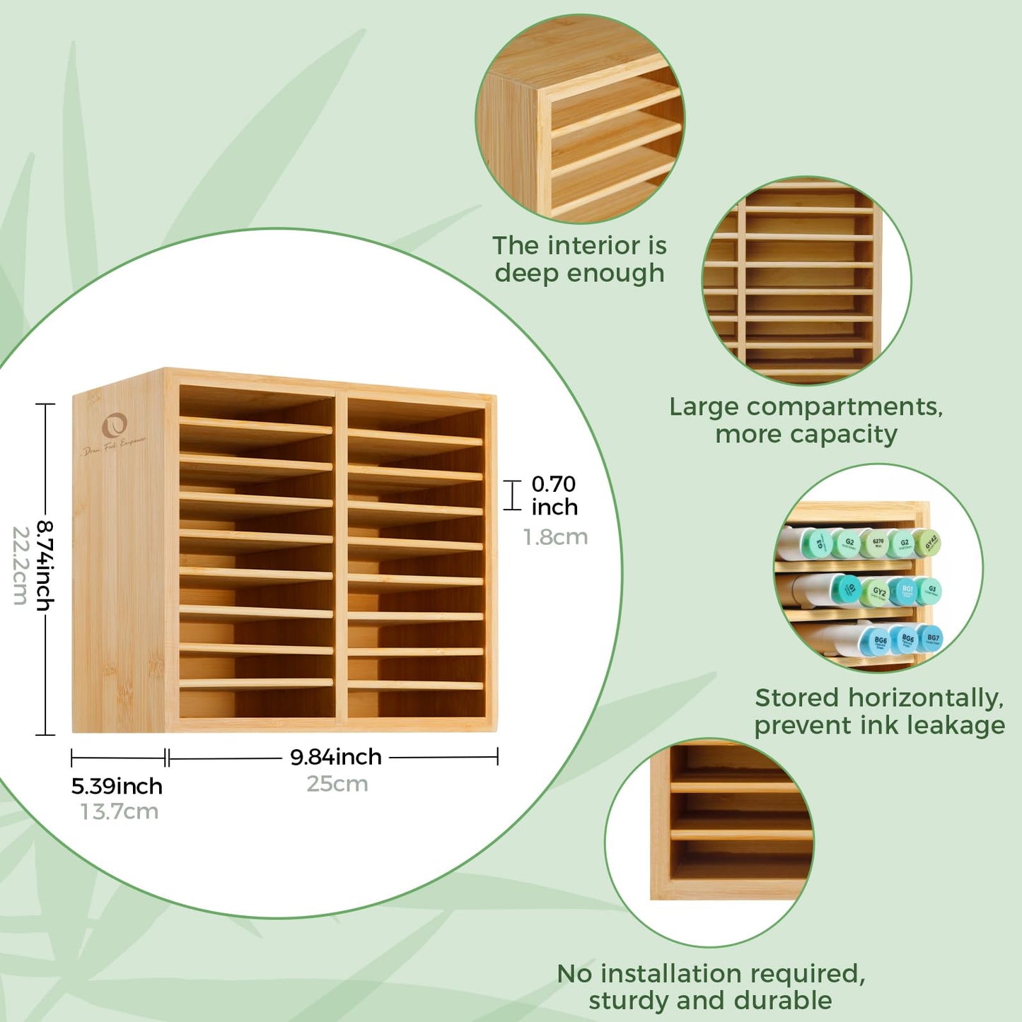 Ohuhu Bamboo Marker Organizer, Wooden Desktop Storage Hold 126 Markers, Markers Pens Pencils Art Brushes Stationary Organizer Pencil Holder with 18 Compartments
