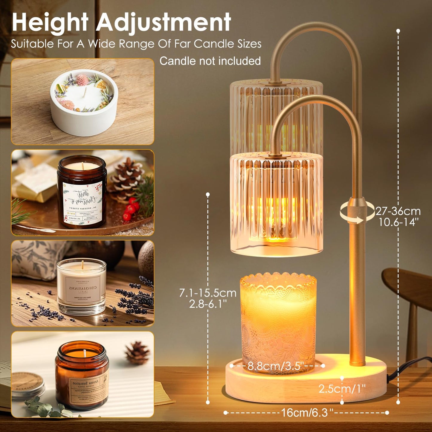 Candle Warmer Lamp with Timer Dimmable - Elegant Candle Warmer Adjustable Height, Candle Lamp Wax Melt Warmer for Jar Candles Birthday Gifts for Women Mom, Christmas House Warming Gifts New Home Decor