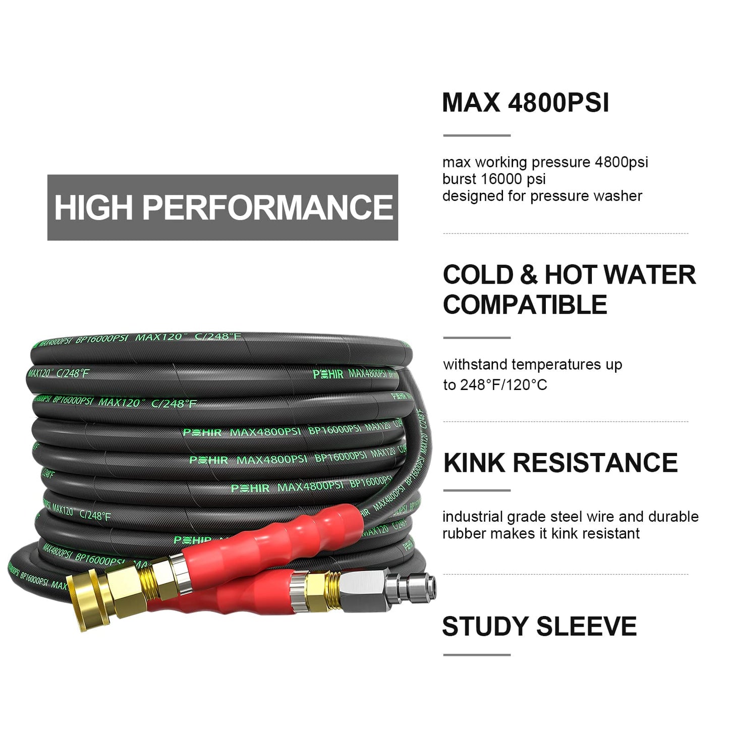 POHIR 3/8 Inch Pressure Washer Hose 25 FT with Adapter Set, 4800PSI Hot and Cold Water Max 248°F, High Tensile Wire Heavy Duty Commercial Grade Hose, 2pcs M22 14mm to 3/8 Quick Connect Accessories