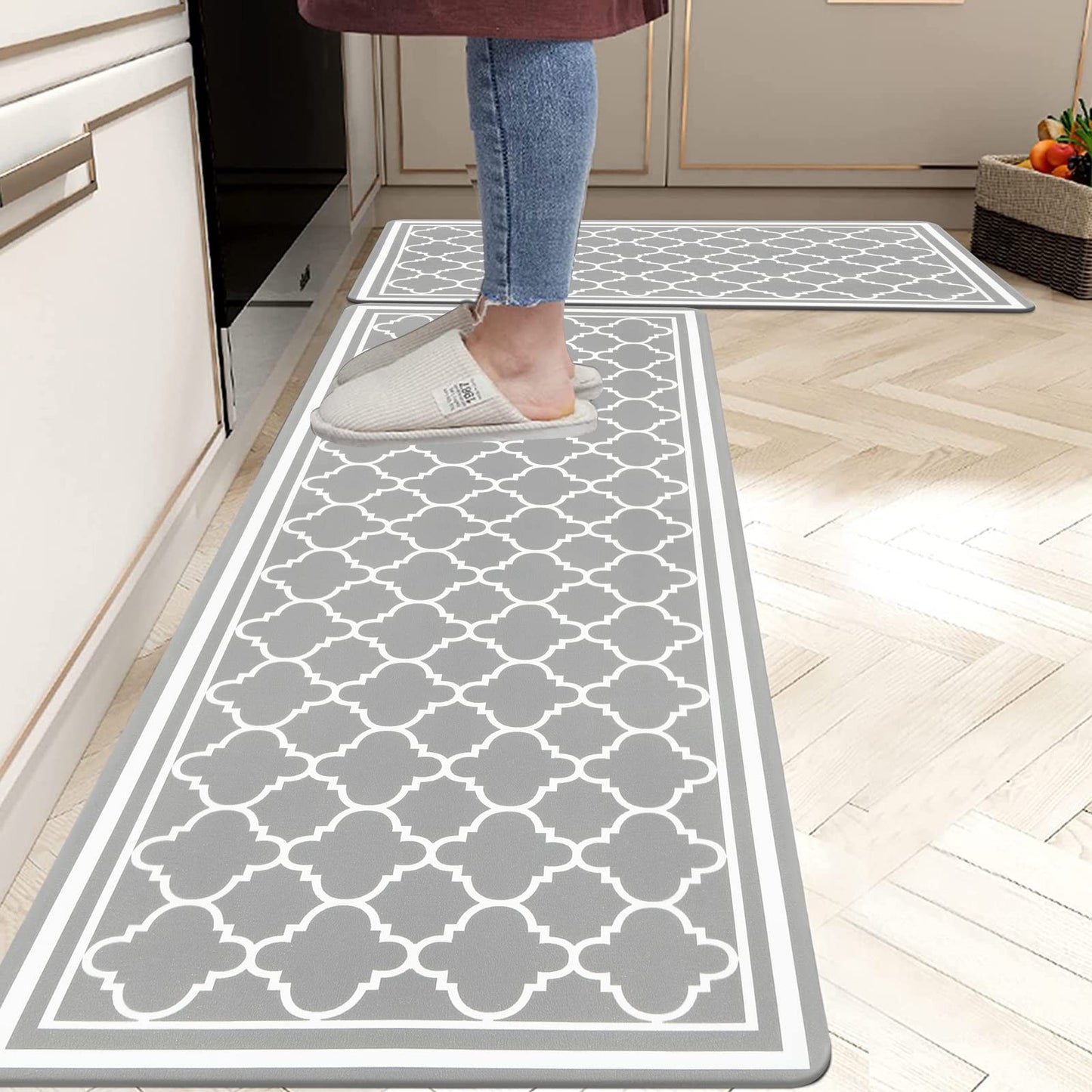 Pauwer Anti Fatigue Kitchen Rug Sets 2 Piece Non Slip Kitchen Floor Mats Waterproof Kitchen Runner Rug Gray Farmhouse Kitchen Rugs and Mats Cushioned Comfort Standing Mat PVC Foam Kitchen Mats