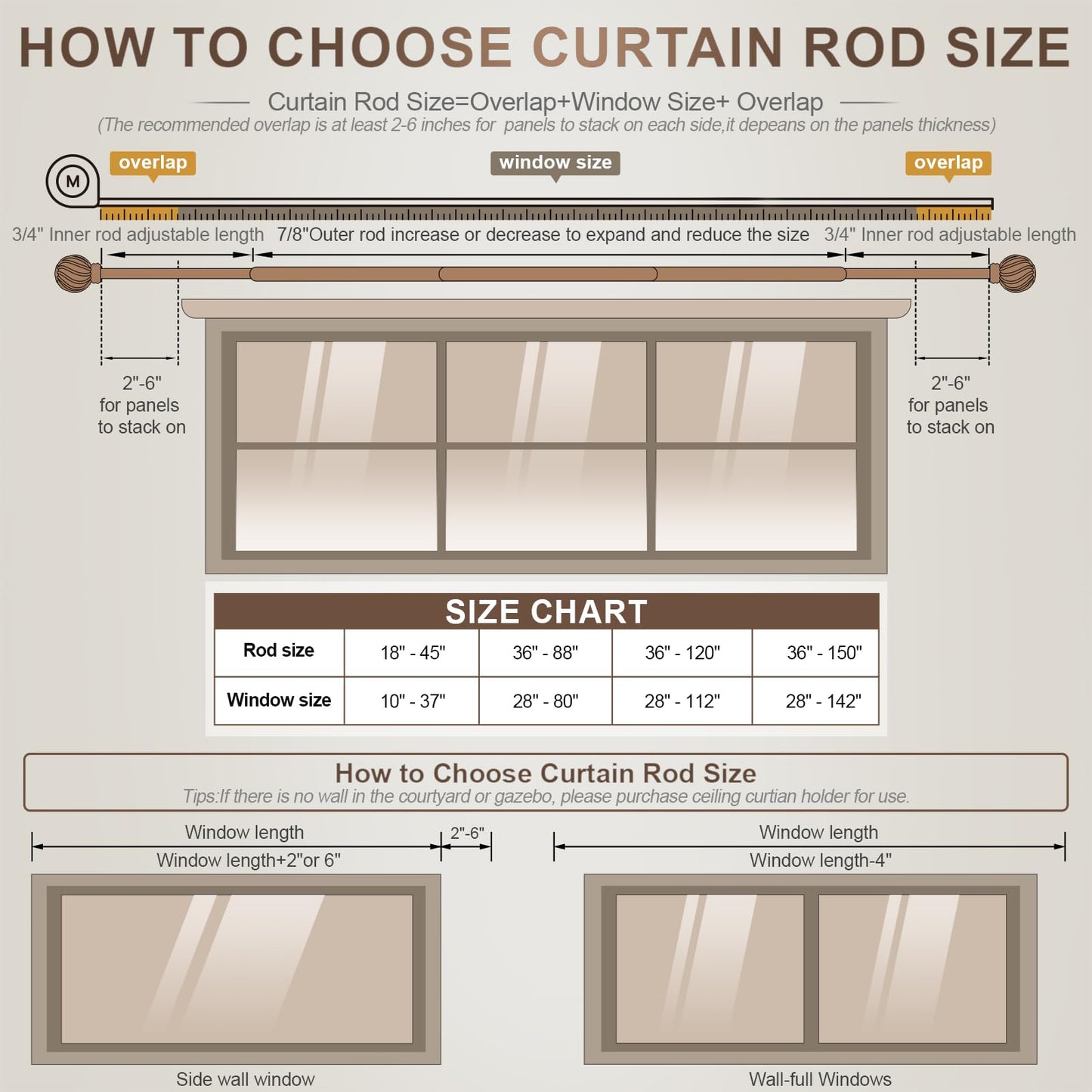 Brown Curtain Rods for Windows 48 to 84 Inches Adjustable Length Heavy Duty 7/8" Diameter Window Curtain Rod with Decorative Finials for Outdoor Farmhouse Bedroom Kitchen Living Room