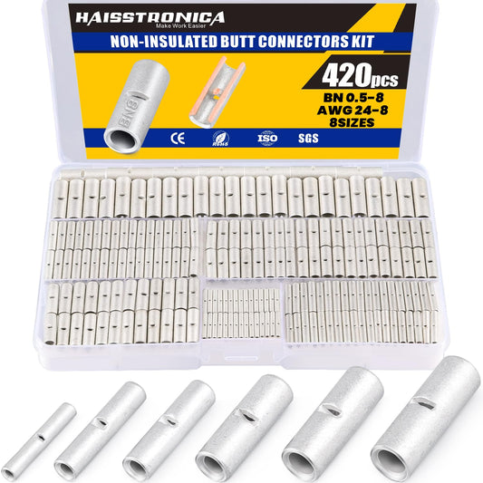 420PCS Non-Insulated Butt Connectors Kit,haisstronica 24-8 Gauge Non-Insulated Wire Connectors of Tinned Red Copper,Electrical Crimp Terminals