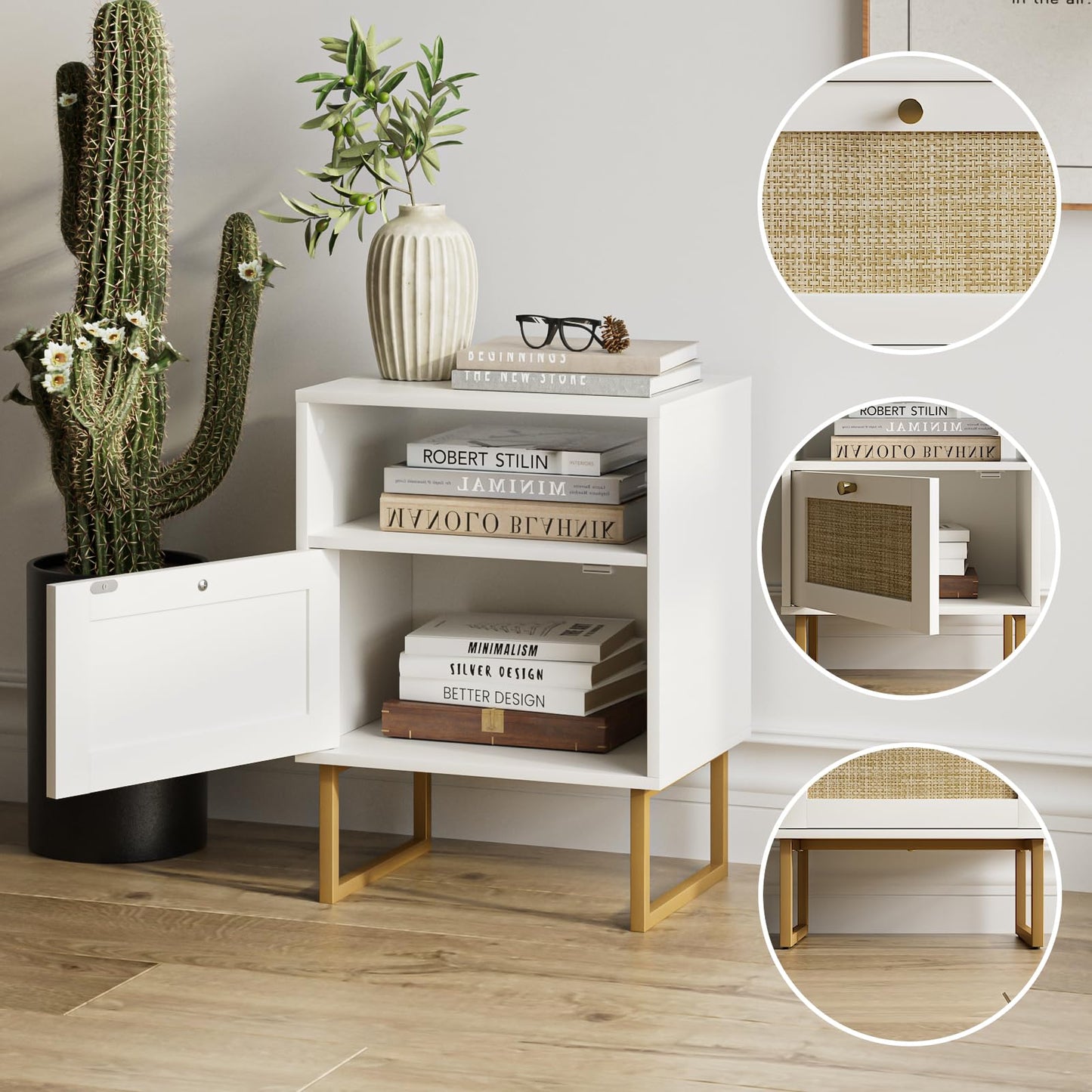 Masupu Rattan Nightstand,Modern Boho Farmhouse Wood Side Table with Storage Drawer and Open Shelf,Small Gold Frame Bedide End Table for Bedroom,Living Room,Office,White