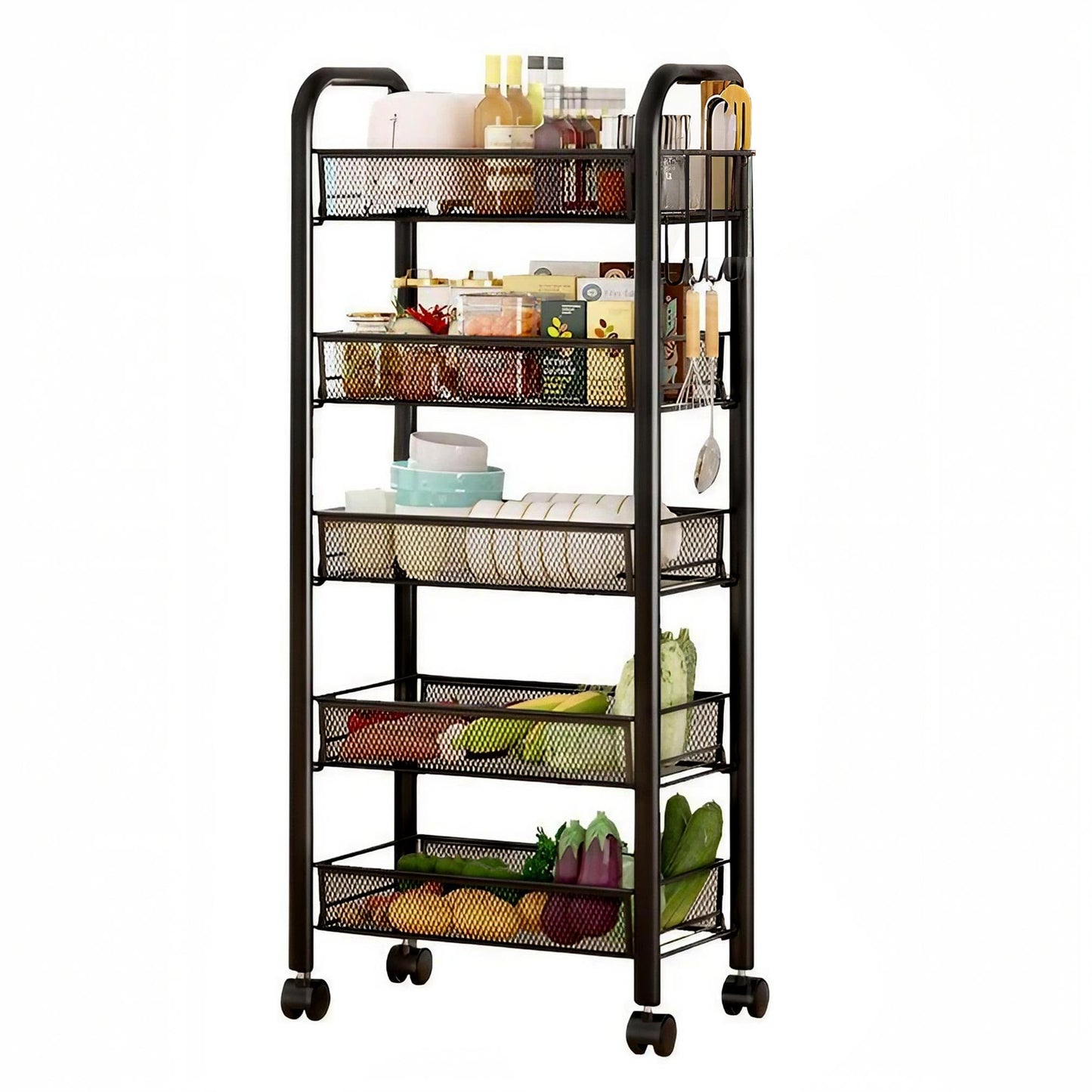 5-Tier Rolling Kitchen Trolley with Wheels - Sturdy Metal Storage Cart for Kitchen, Bathroom, Home Office, Space-Saving Organiser, Slim Mobile Rack for Fruits, Vegetables, Spices (Black, 44x27x105cm)