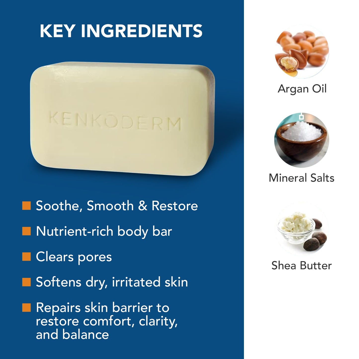 Kenkoderm Psoriasis Dead Sea Mineral Salt Soap with Argan Oil & Salicylic Acid, Natural Exfoliating Body & Face Cleanser for Sensitive Skin, Color & Fragrance Free, 4.25 Ounce, Pack of 4 Bars