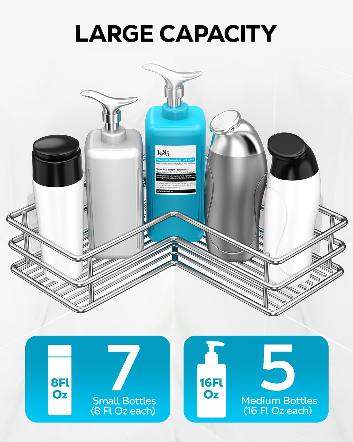 Nieifi Adhesive Corner Shower Caddy Shelf Basket Rack with Hooks, Rust Proof Stainless Steel Bathroom Shelf Shampoo Holder No Drilling 2 Pack（Sliver）