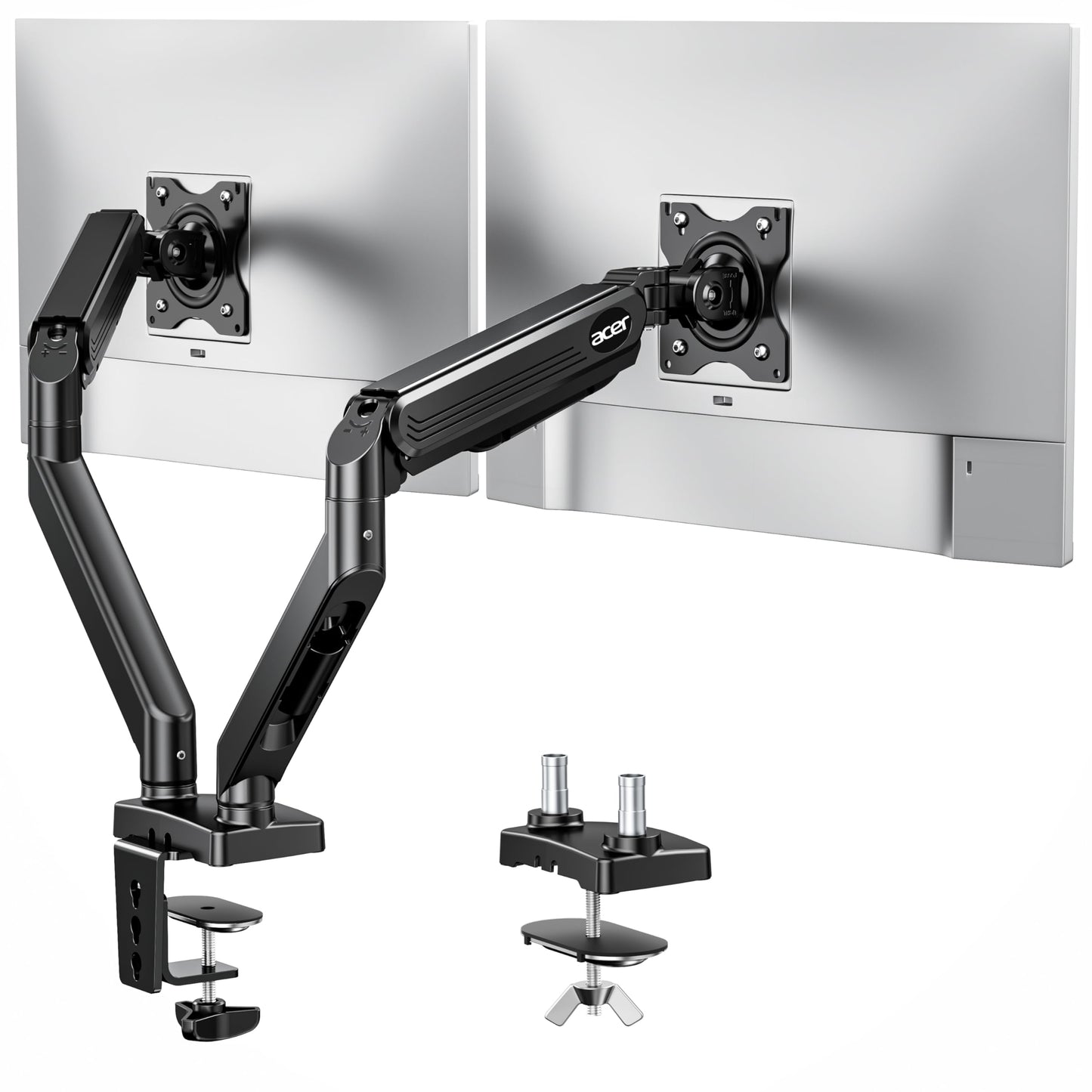 Acer Dual Monitor Arm for 17-32 Inch Screens, Adjustable Monitor Mount, Double Monitor Stand for Desk, Gas Spring for Curved Flat Screens, Tilt Swivel Rotate VESA 75/100, C-Clamp/Grommet Base, 19.8lb