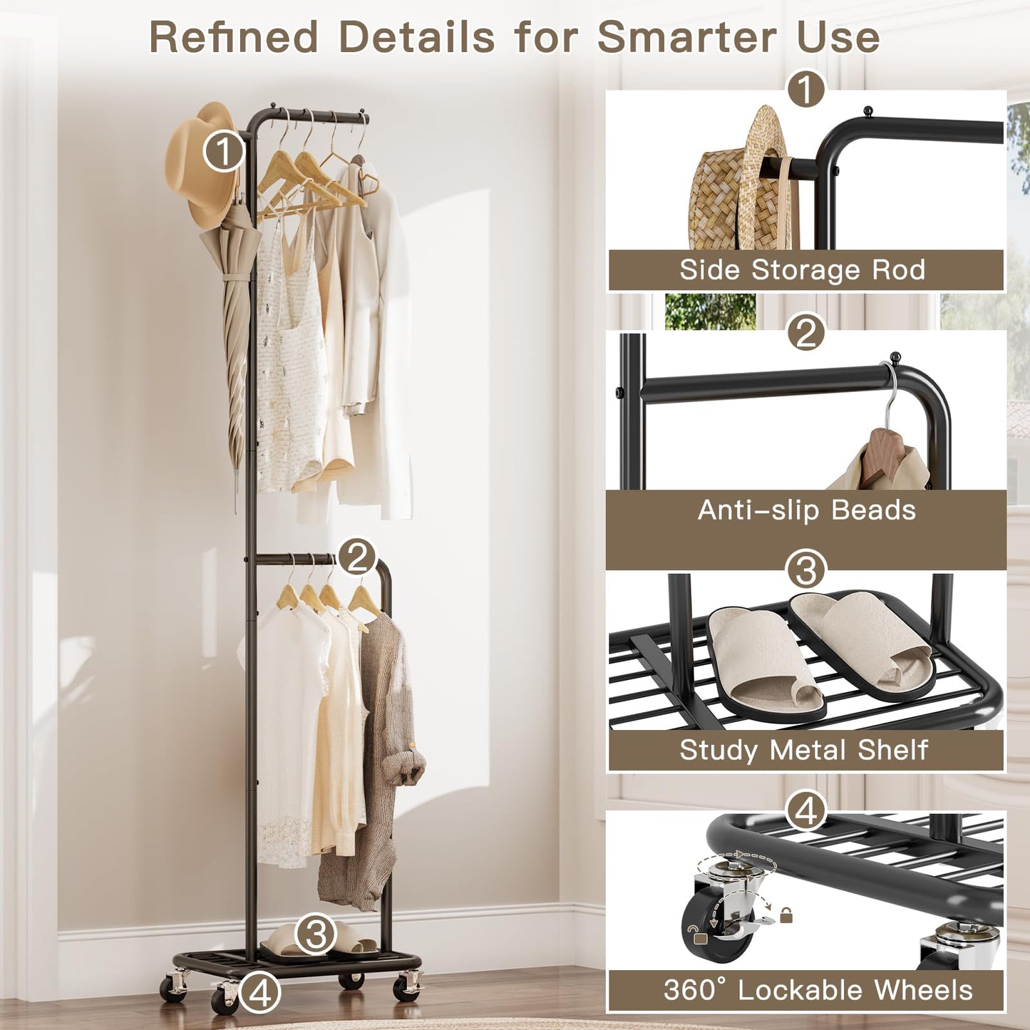 Gasvadivum Small Clothes Rack with Wheels, 71" Portable Rolling Clothing Rack with Bottom Metal Shelf, Garment Rack with Hanging Rod, Sturdy Freestanding Coat Rack for Bedroom, Entryway, Black