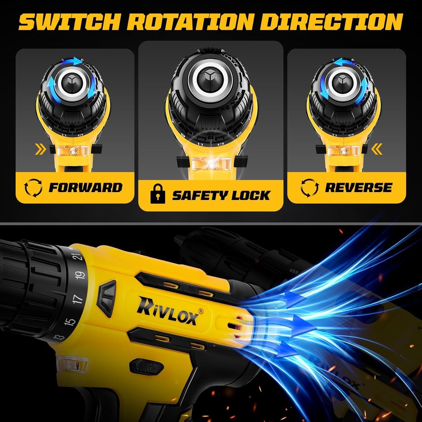 20V Cordless Drill Set, 21+1Torque, Electric Power Drill Cordless, Electric Screwdriver with 1300mAh Battery and 2A Charger, 23pcs Drill Bit Set with LED Light for DIY Projects, Yellow