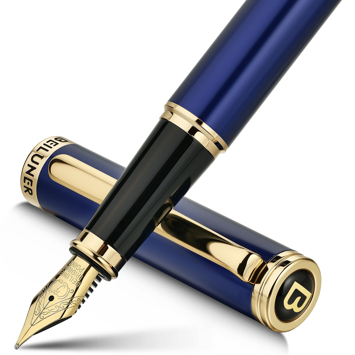 BEILUNER Blue Fountain Pen,Stunning Luxury Lacquer, 24K Gilded Nib(Fine),Gorgeous 24K Gold Accents, with Ink Converter,Fancy Gift for Men&Women-Smooth,Elegant,Graduation,Reliable,Nice Pens for Writing