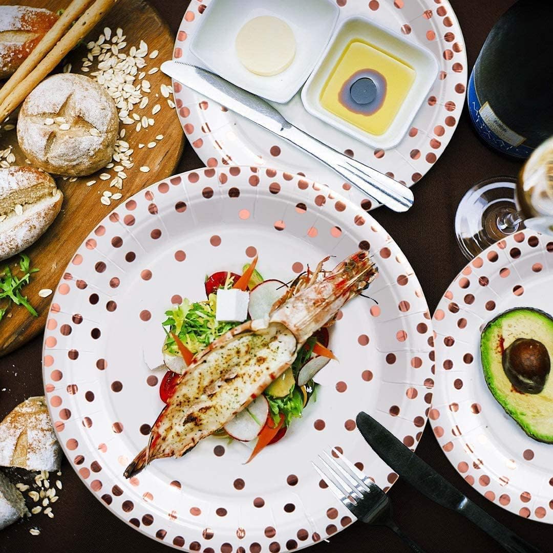 201 PCS Disposable Plates Rose Gold Party Supplies, Polka Dots Paper Plates, Include 50 Dinner Plates,50 Dessert Plates,50 Napkins 50 Cups, 1 Plastic Tablecloth,for Baby Shower Wedding Birthday