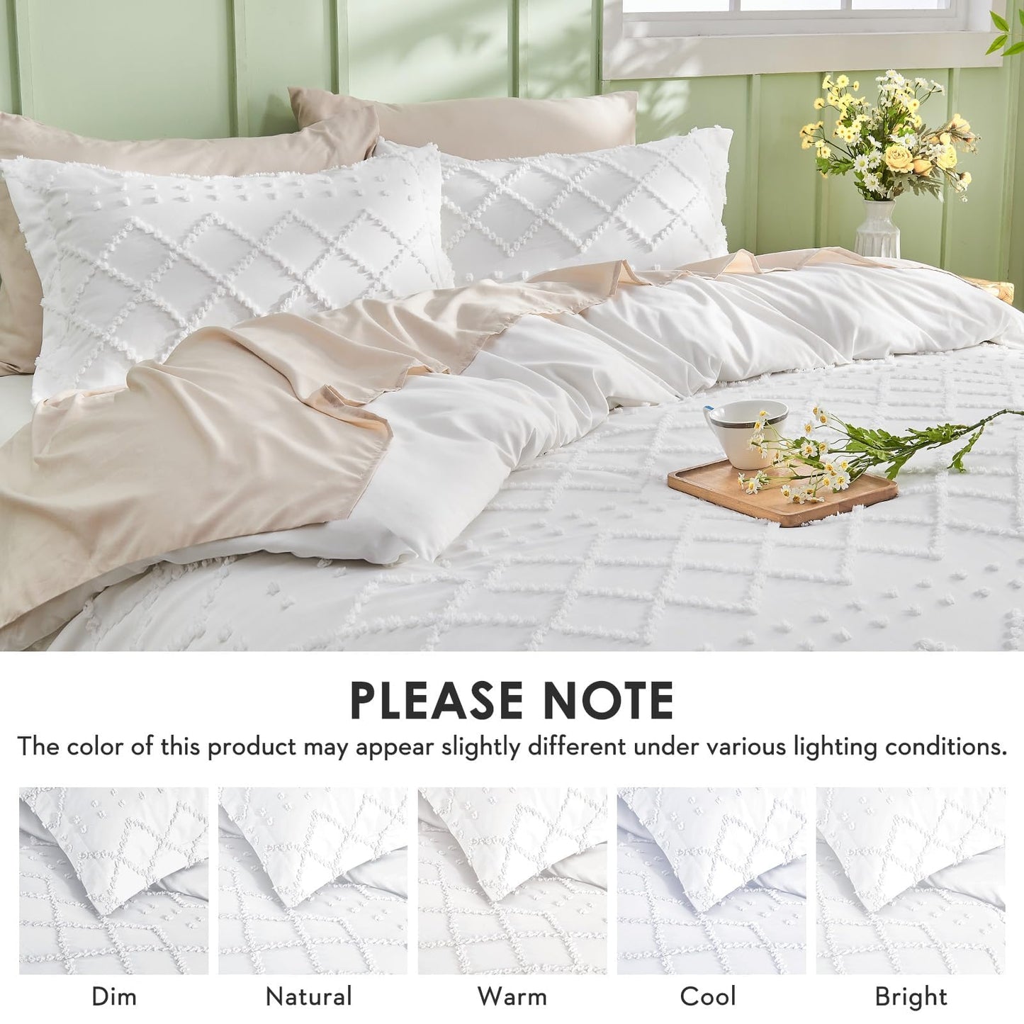HYMOKEGE Duvet Cover King Size, Boho Tufted King Duvet Cover Set 3 Pieces, Soft & Lightweight Shabby Chic, Embroidery Bedding Set for All Seasons, 104" × 90" & 2 Pillow Shams, White