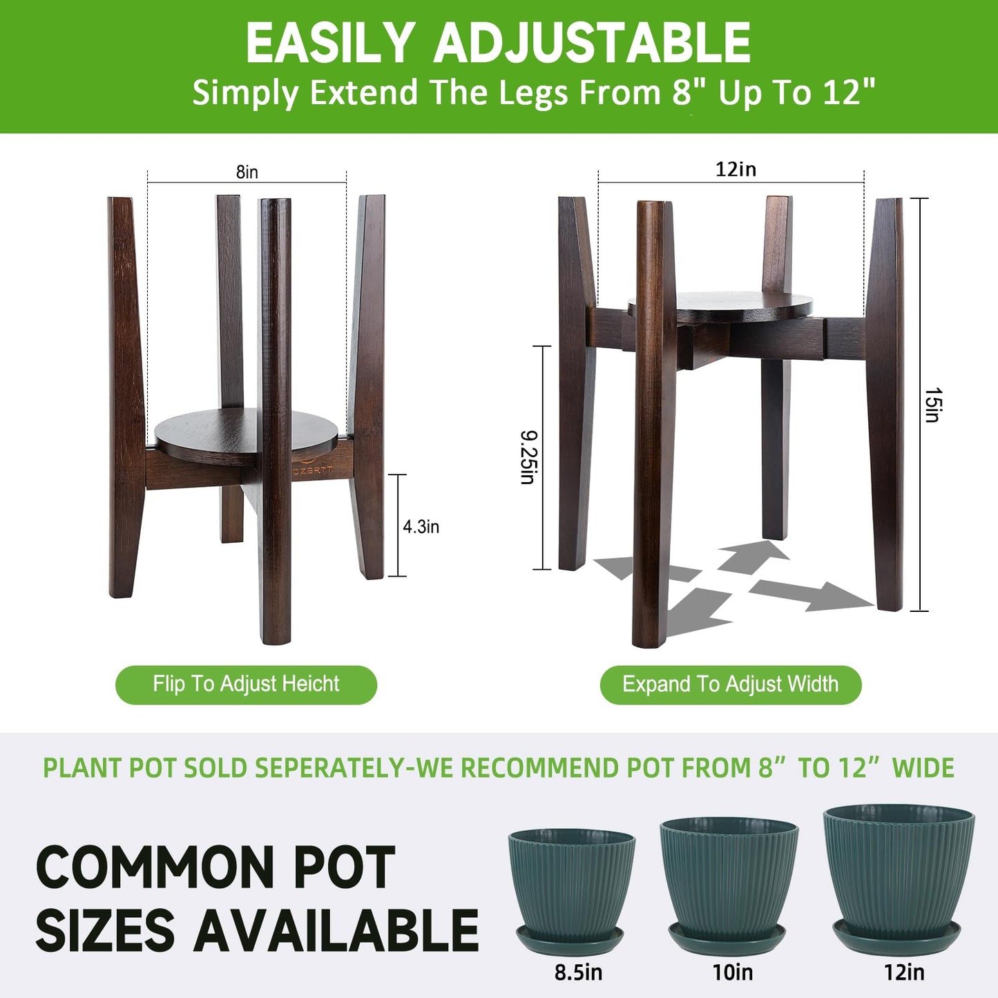 2 Packs Adjustable Plant Stand with Tray,Indoor Wood Plant Stand Fit 8'' to 12'' Planter,Mid Century Modern Flower Pot Holder Rack(Plant and Pot Not Included) Walnut