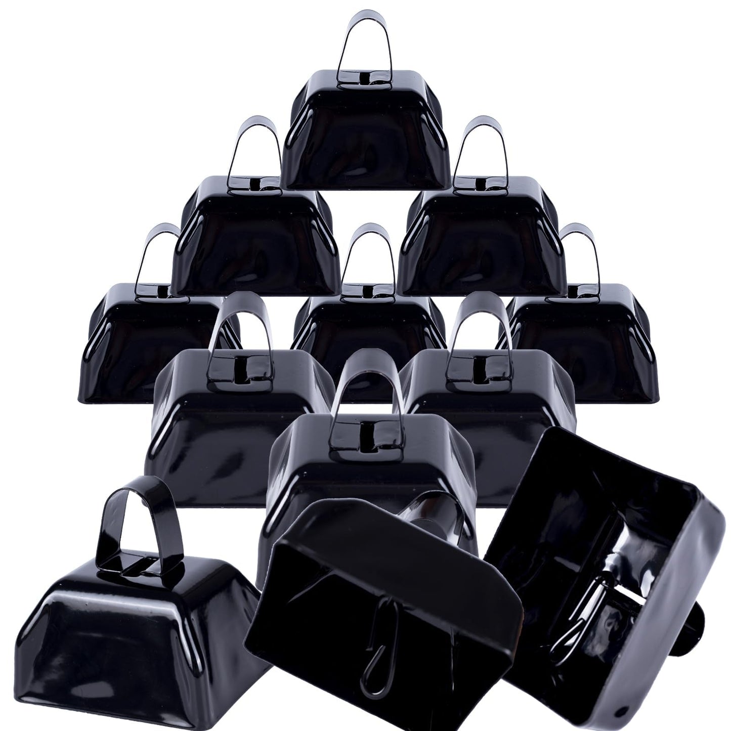 Cow Bells Noise Makers Black Cheering Bell for Sporting Events: 12 Pcs Metal Cowbells with Handle - Small Loud Bell Bulk Hand Percussion for Football Games Graduation Weddings