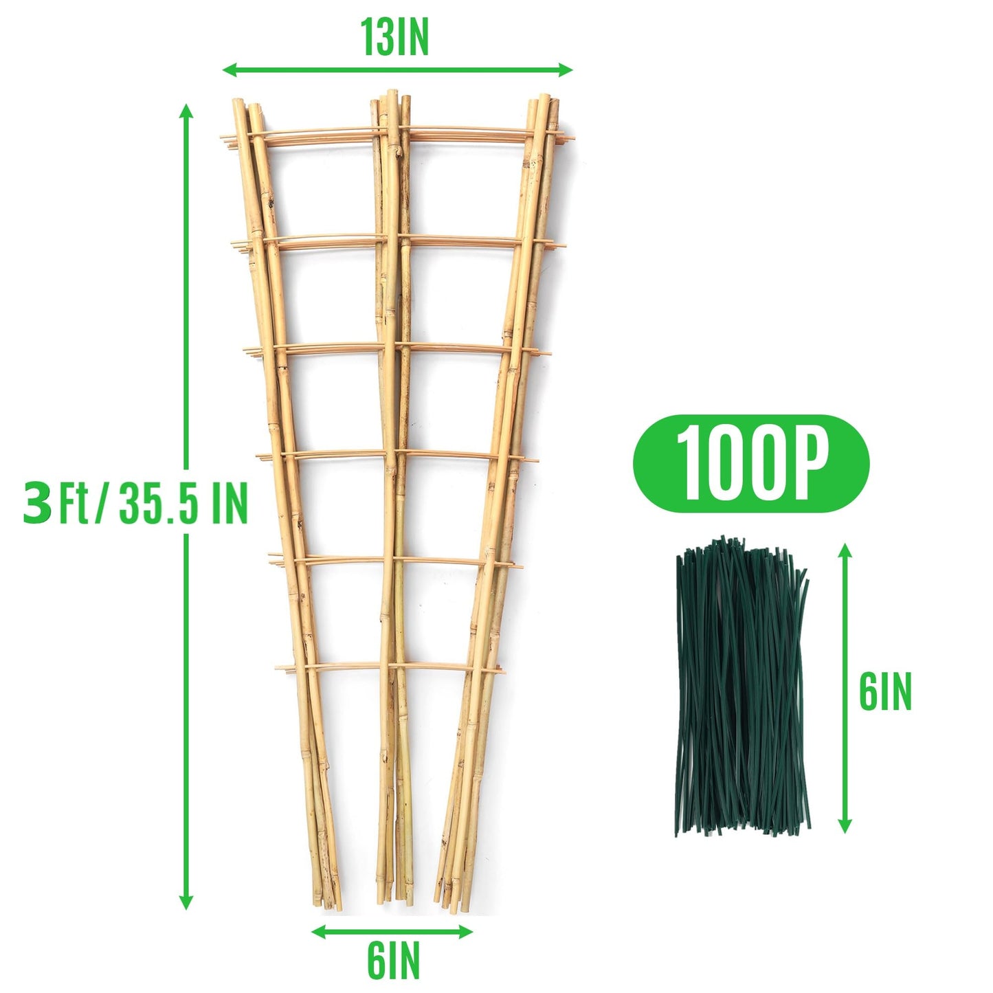 6 Pack 3Ft Bamboo Trellis for Climbing Plants,35.5 Inch Fan-Shaped Bamboo Plant Trellis with 100pcs Twist Ties for Outdoor and Indoor Potted Plants Garden Stakes
