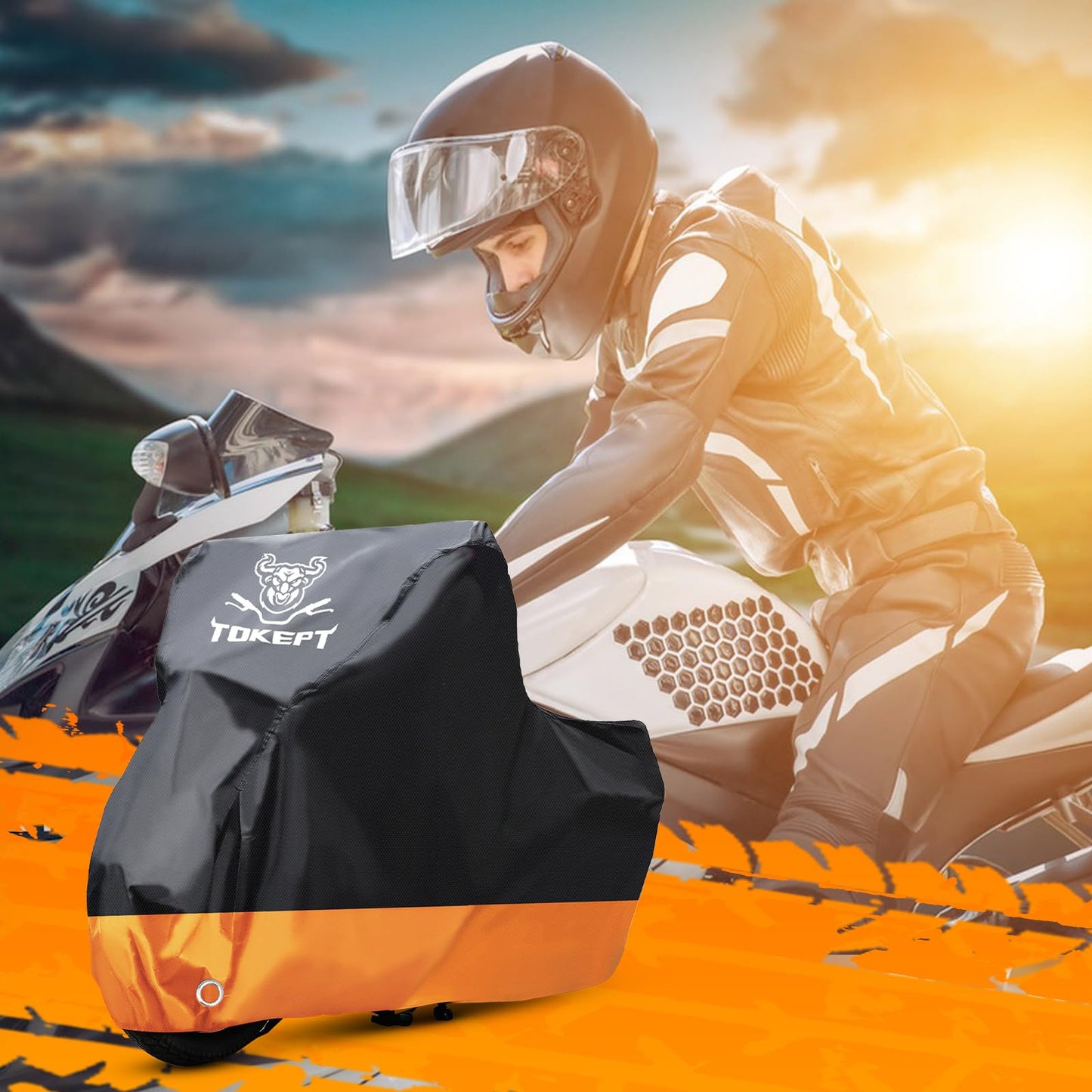 Tokept Motorcycle Cover, All-Season Waterproof Outdoor Sun Protection Fit up to 116 Inch Harley-Davidson Honda Suzuki Kawasaki Yamaha (XXXL Black&Orange)