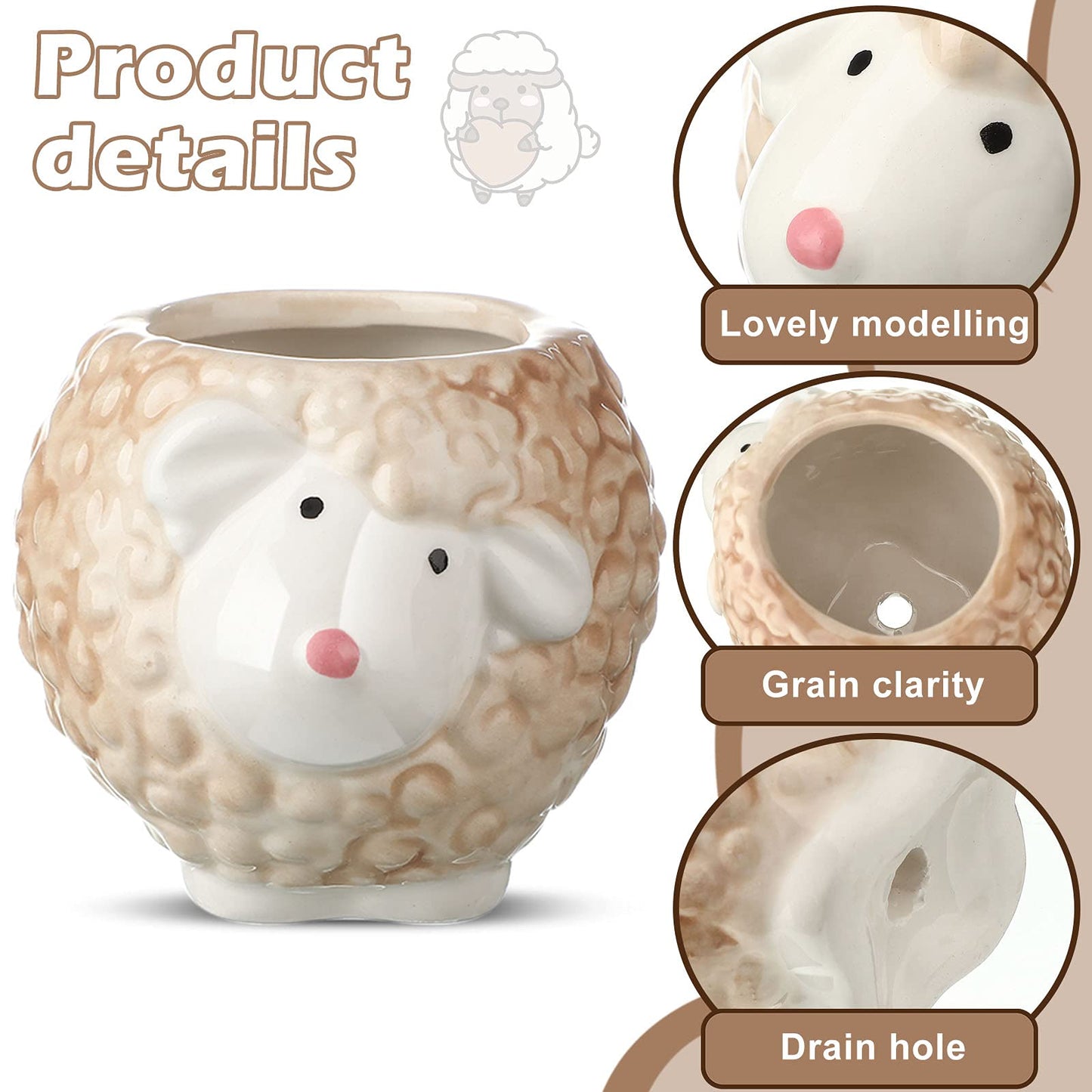 6 Pieces Cute Animal Succulent Planter Pot with Drainage Hole, Cartoon Cow Elephant Ceramic Flower Plant Pot Tiny Flower Planter Cactus Container Indoor Outdoor Office Home Decor