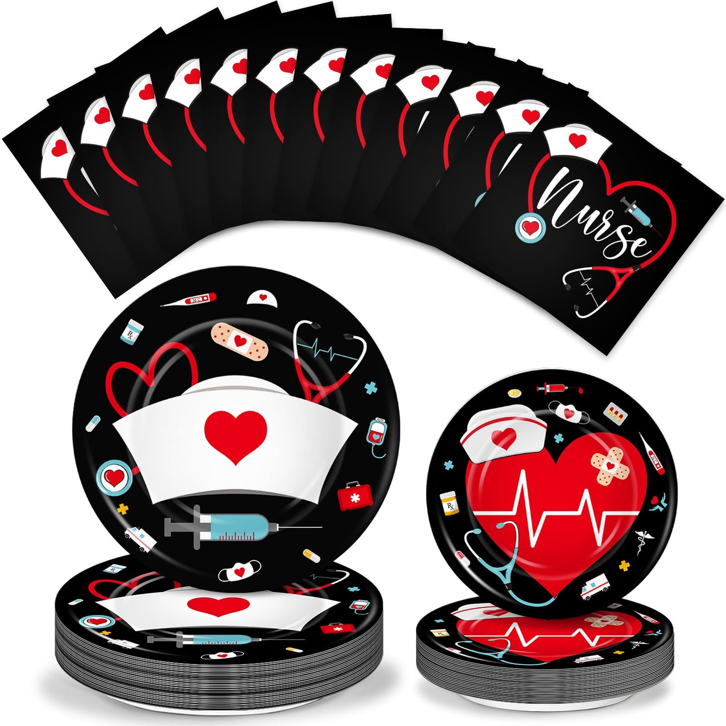 200 Pcs Graduation Nurse Party Decorations Doctor Nurse Week Party Plates Include 9 Inch 7 Inch Paper Disposable Plates Lunch Napkin Medical Birthday Party Tableware Set for Nursing School(Black)