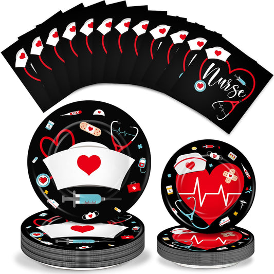 200 Pcs Graduation Nurse Party Decorations Doctor Nurse Week Party Plates Include 9 Inch 7 Inch Paper Disposable Plates Lunch Napkin Medical Birthday Party Tableware Set for Nursing School(Black)