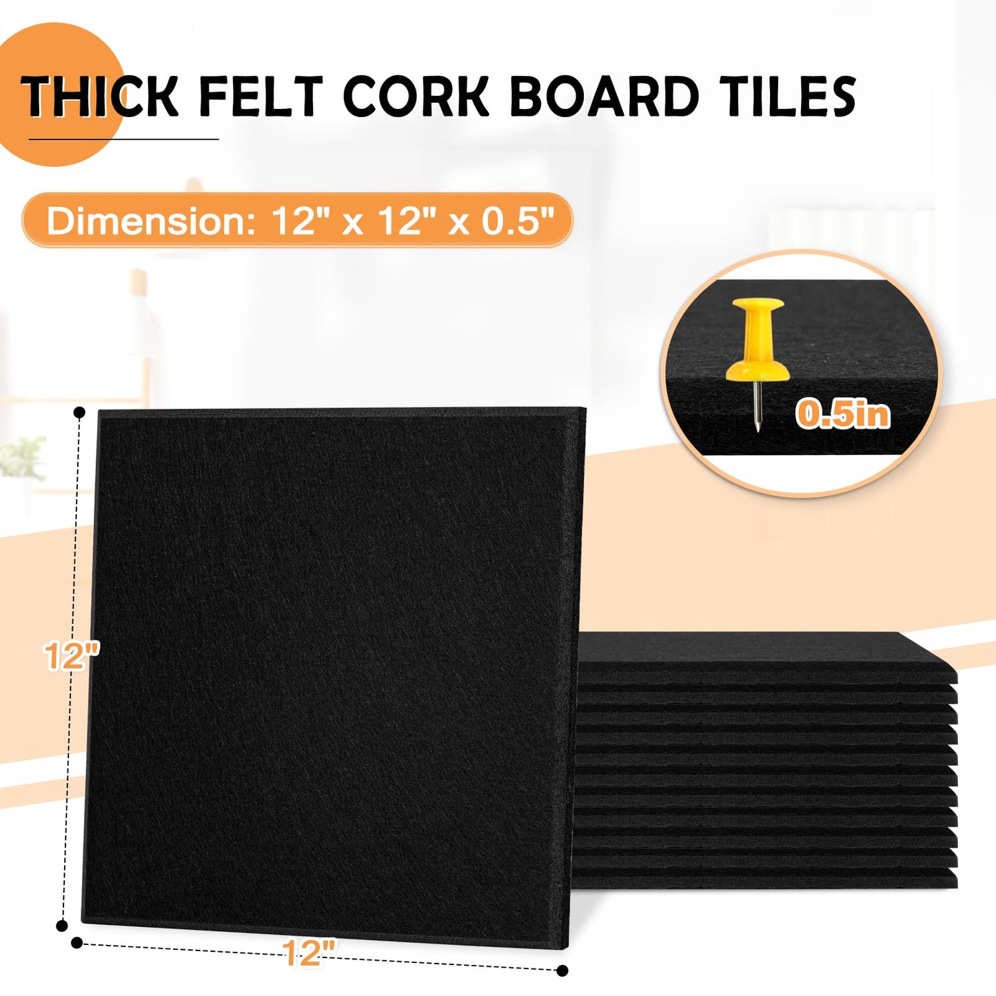 AMUSIGHT Large Cork Board Tiles, 12 Packs 48" x 36" 1/2" Thick Cork Bulletin Board Felt Board Self Adhesive Cork Boards for Walls Home Office Kitchen School, 120 Push pins, Black
