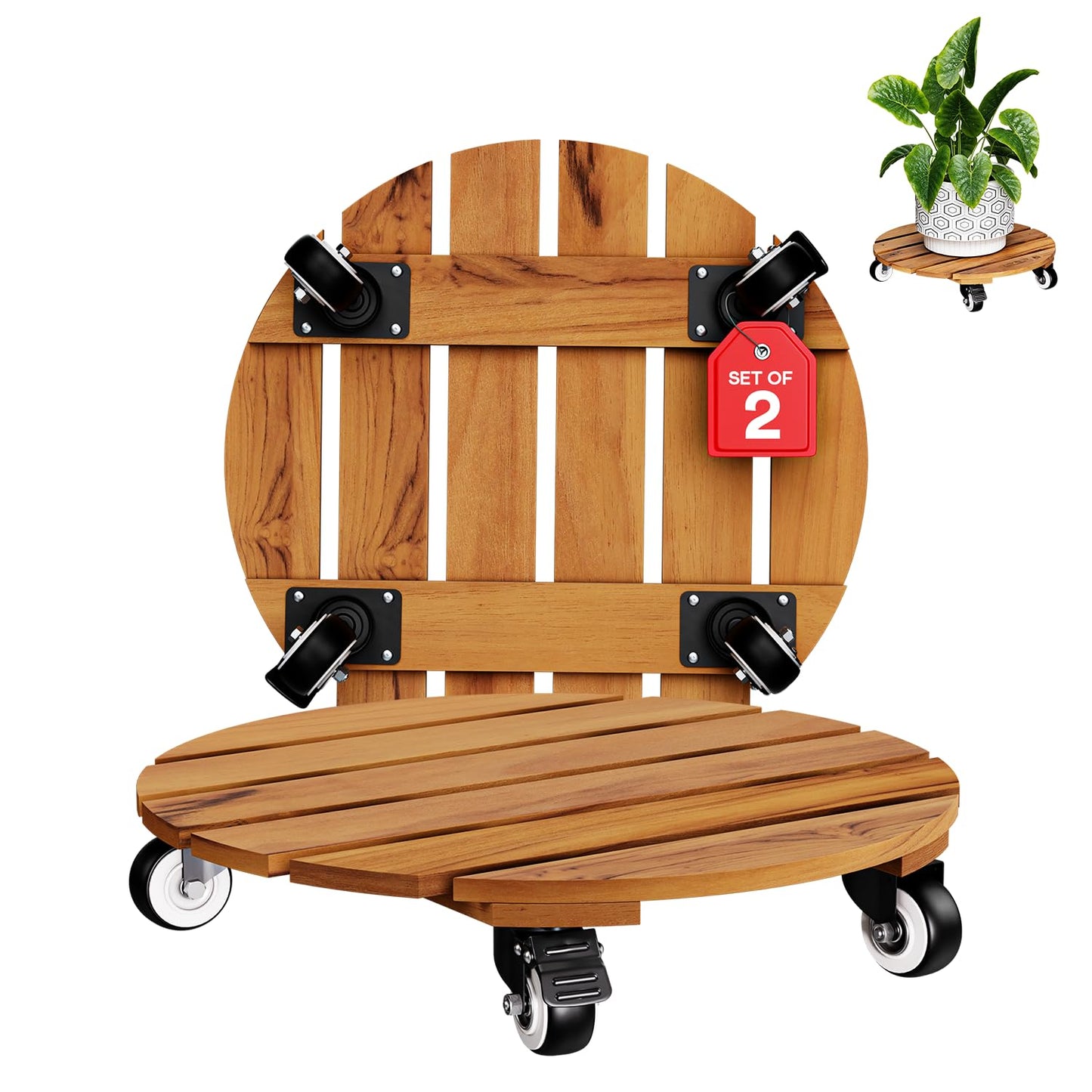 Idzo 2-Pack 14 Inch Acacia Wood Rolling Round Plant Caddy for Plant Pots, Heavy Duty Plant Stand with 360° Lockable Wheels, 264 lbs Capacity Caddy for Indoor and Outdoor Use, Natural Wood