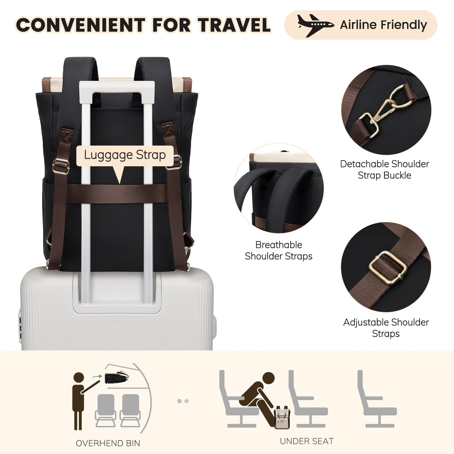 GOLF QUALITY Convertible Laptop Backpack for Women Carry on Tote Daypack Bookbag for College Work Nurse Travel,16Inch,Apricot Brown