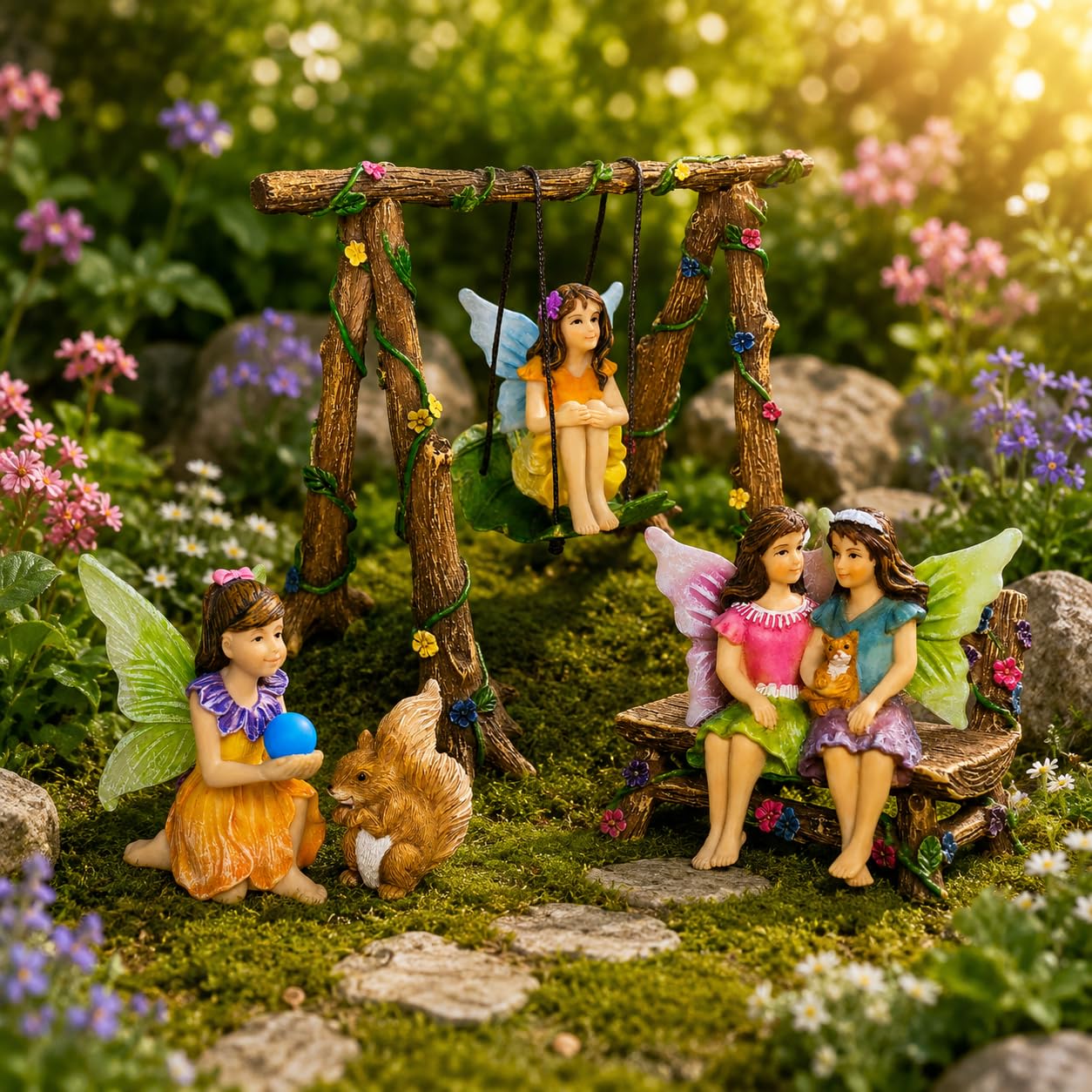 Mood Lab Fairy Garden Swing Set - Miniature Figurines & Accessories (6 pcs) - Indoor Outdoor Garden Decor