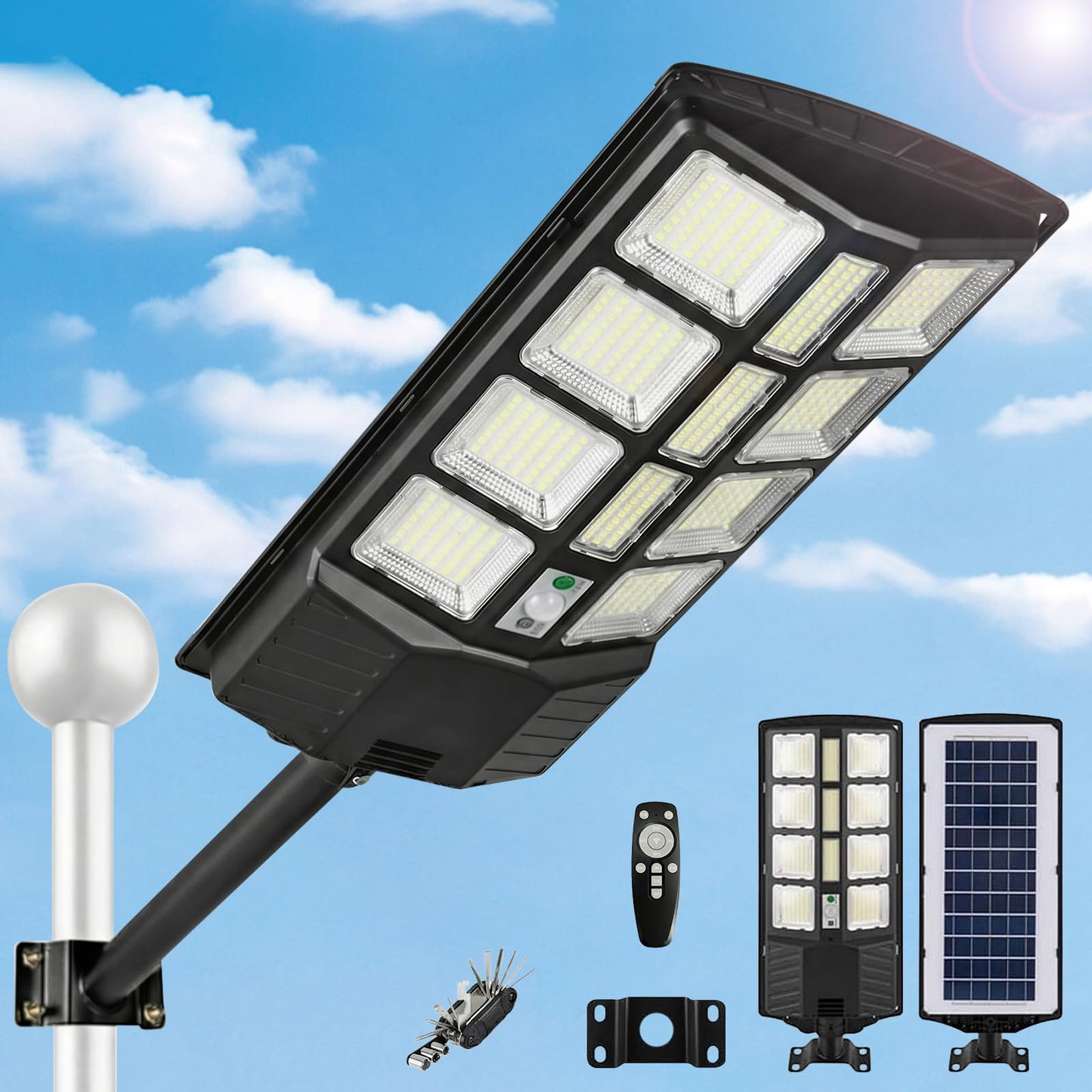 Xmart Solar Street Lights Outdoor Waterproof 60000LM 588 Upgraded LEDs Solar Parking Lot Lights Dusk to Dawn Solar Motion Flood Light Wide Angle Sensor and Remote Control for Area Pole Lighting Yard