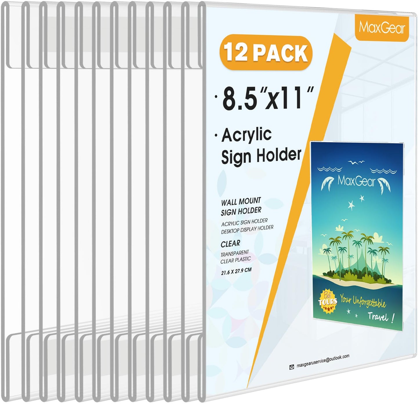 MaxGear 12 Pack Acrylic Sign Holder 8.5 x 11 Wall Mount Clear Plastic Sign Holder with Double Sided Tape, Plexiglass Document Flyer Acrylic wall Frame for Office, Home, Store, Restaurant