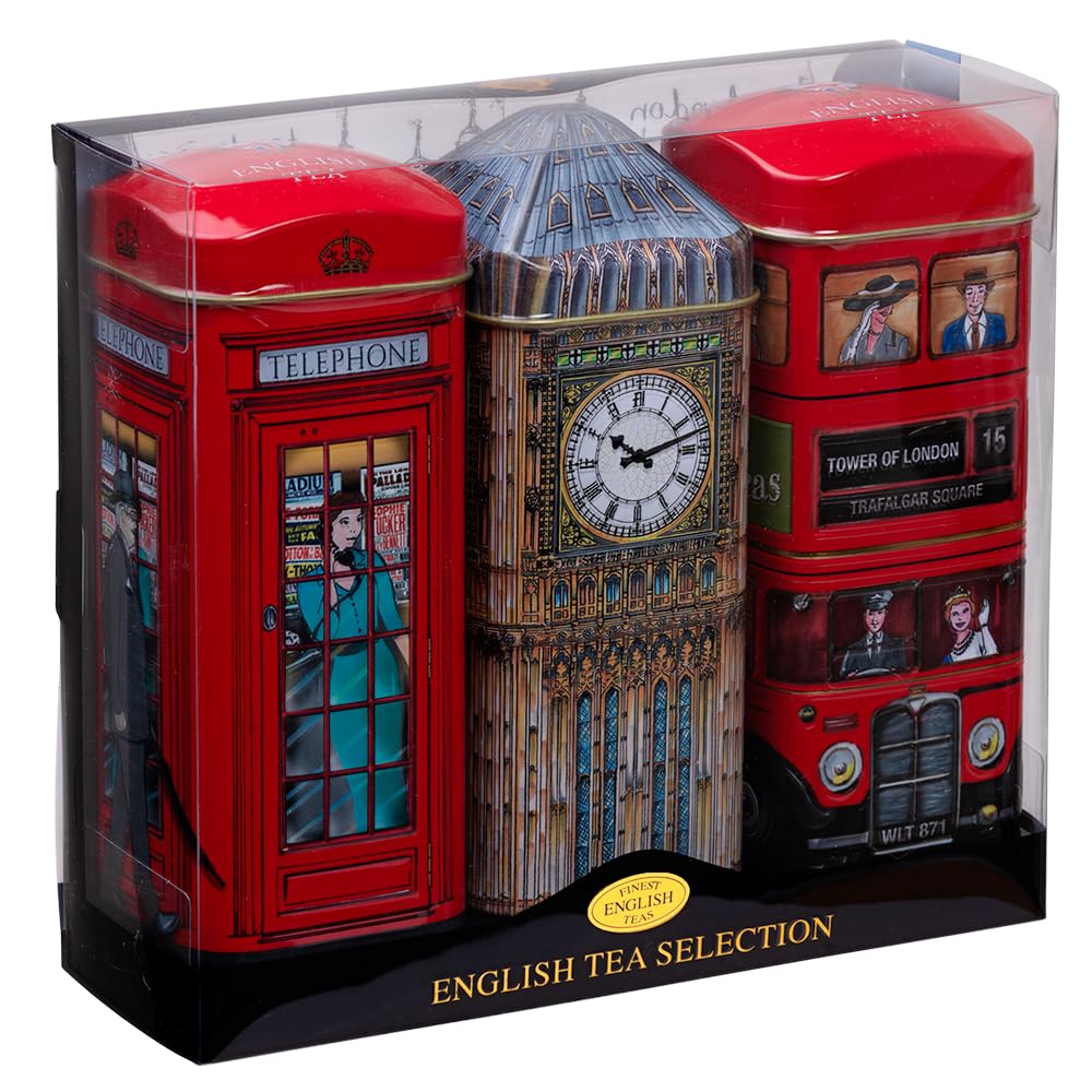 New English Teas British Souvenir 3x Tea Tins with 42 English Breakfast Teabags - Telephone Box, Big Ben & Red Routemaster Bus