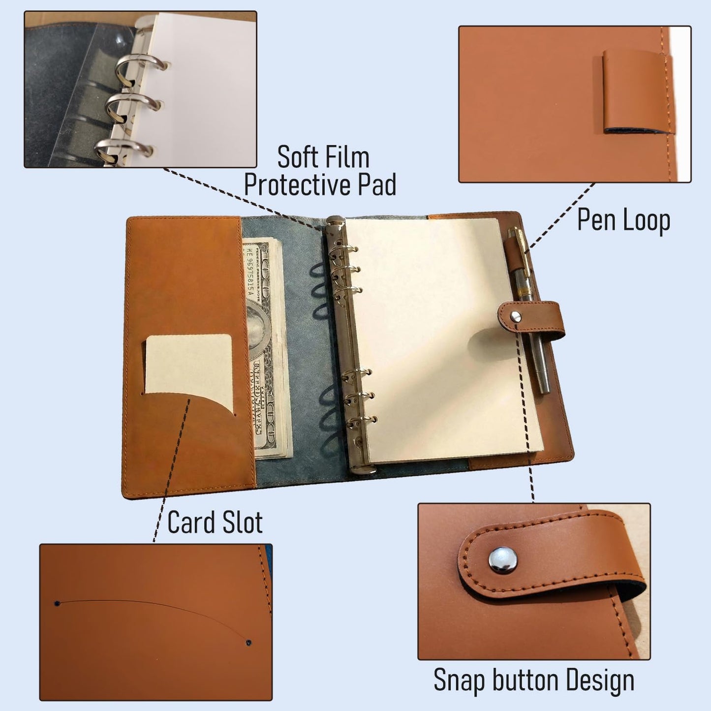 Acidea Refillable A5 Leather Binder Notebook, Vintage Organizer with 6-Ring Metal Binder, 200Pages Blank Paper, Pen Loop & Pocket, leather Planner for Office School Travel Business Planning Writing