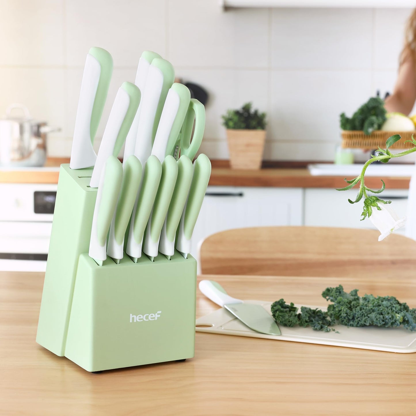 hecef 13 Pieces Kitchen Knife Set with Built-in Sharpening Wooden Block, High Carbon Stainless Steel Knife Block Set with Steak Knives, Kitchen Scissors (Green)