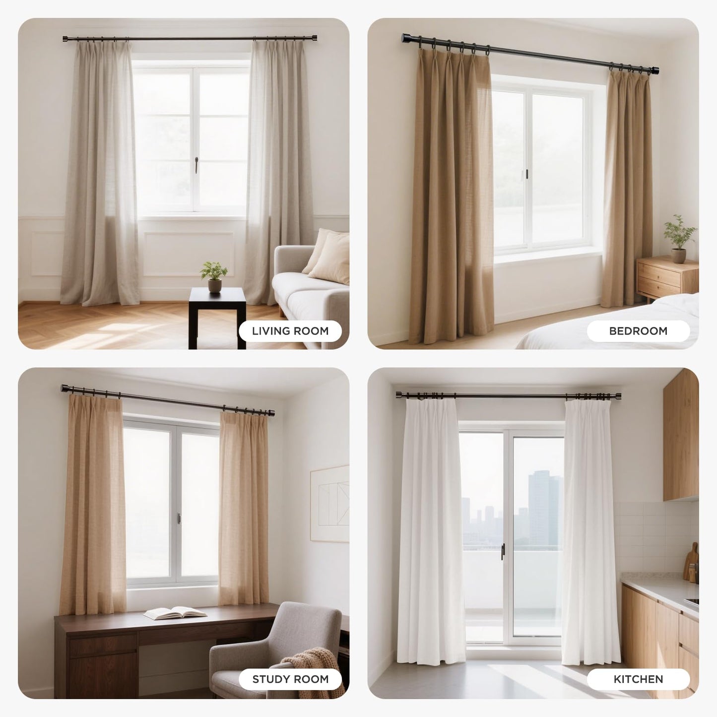 Joydeco Black Curtain Rods for Windows 32 to 120 Inch, 1 Inch Heavy Duty Adjustable Drapery Rod with Brackets for Outdoor Patio, Living Room, Bedroom, Kitchen