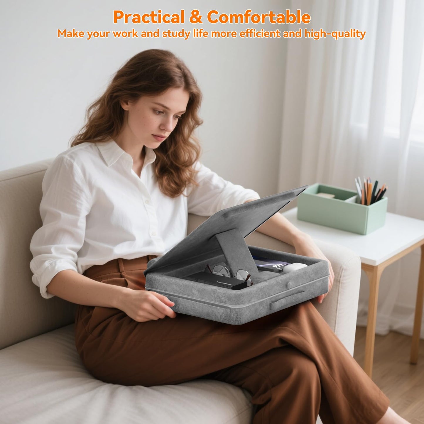 KDD Portable Laptop Lap Desk with Storage Tray - Adjustable Laptop Table for Bed Sofa - Lap Laptop Pillow Stand Table with Anti-Slip Strip & Tablet Phone Slot Holder - Lap Writing Board, Drawing Desk