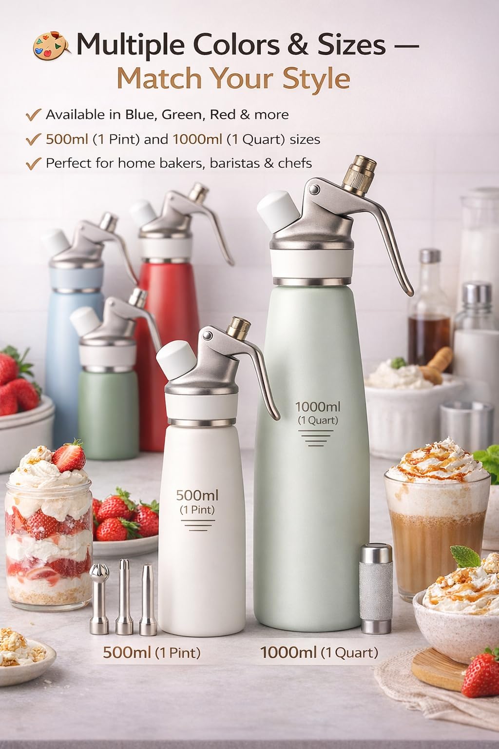 Professional Whipped Cream Dispenser – Ultra-Thick Aluminum Body & Stainless Steel Nozzle, 500ml/1000ml, Multiple Colors – Heavy Duty Cream Whipper for Desserts, Coffee, Cocktails–500ML-White