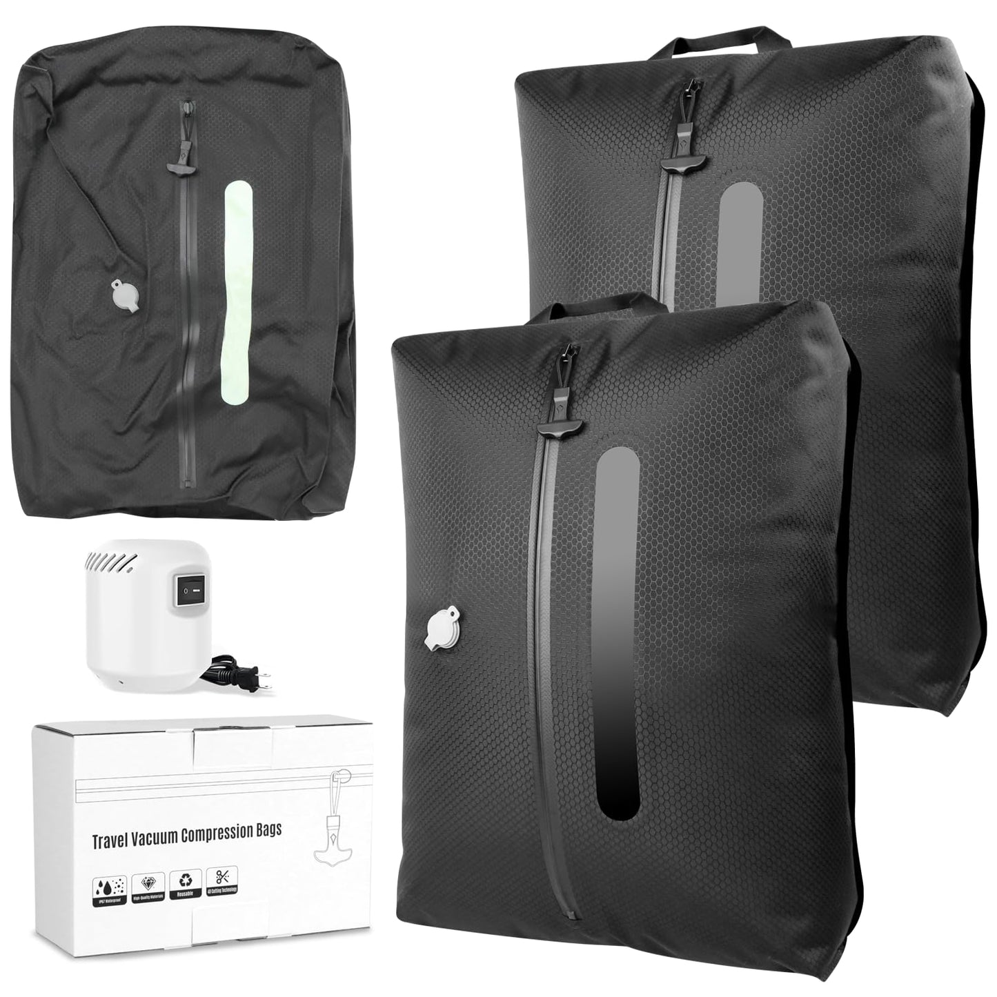 AIDONS Vacuum Sealer Bags for Travel with 55W High-Power Pump, 420D Reinforced Nylon, IP67 Waterproof, Reusable Space Saver Compression Bags for Backpack & Carry-on Luggage, Black (2 Pack + Pump)