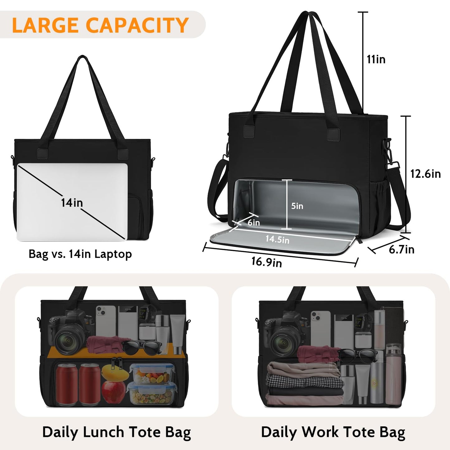 Lunch Bag for Women, Tote Bag with Insulated Lunch Compartment, Non-Leather Water-Resistant Polyester Laptop Bag, Large Capacity & Cup Holder, Casual Work Tote for Teacher, Nurse, Travel, Daily, Black