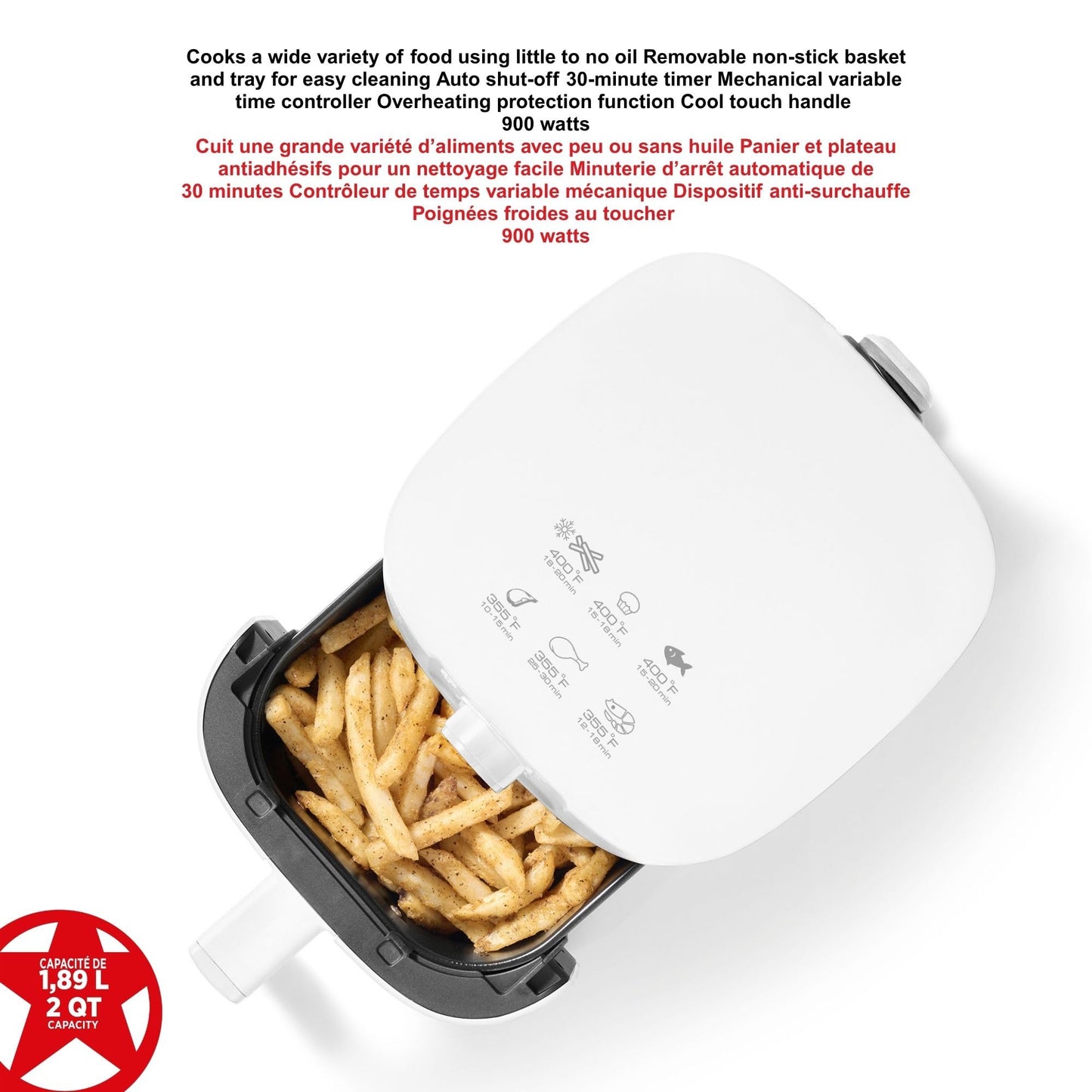 Starfrit Electric Air Fryer – 2QT/1.89L Compact Capacity – Adjustable Temperature Control – Removable Non-Stick Basket – 30-Minute Auto Shut-Off - 900 Watts