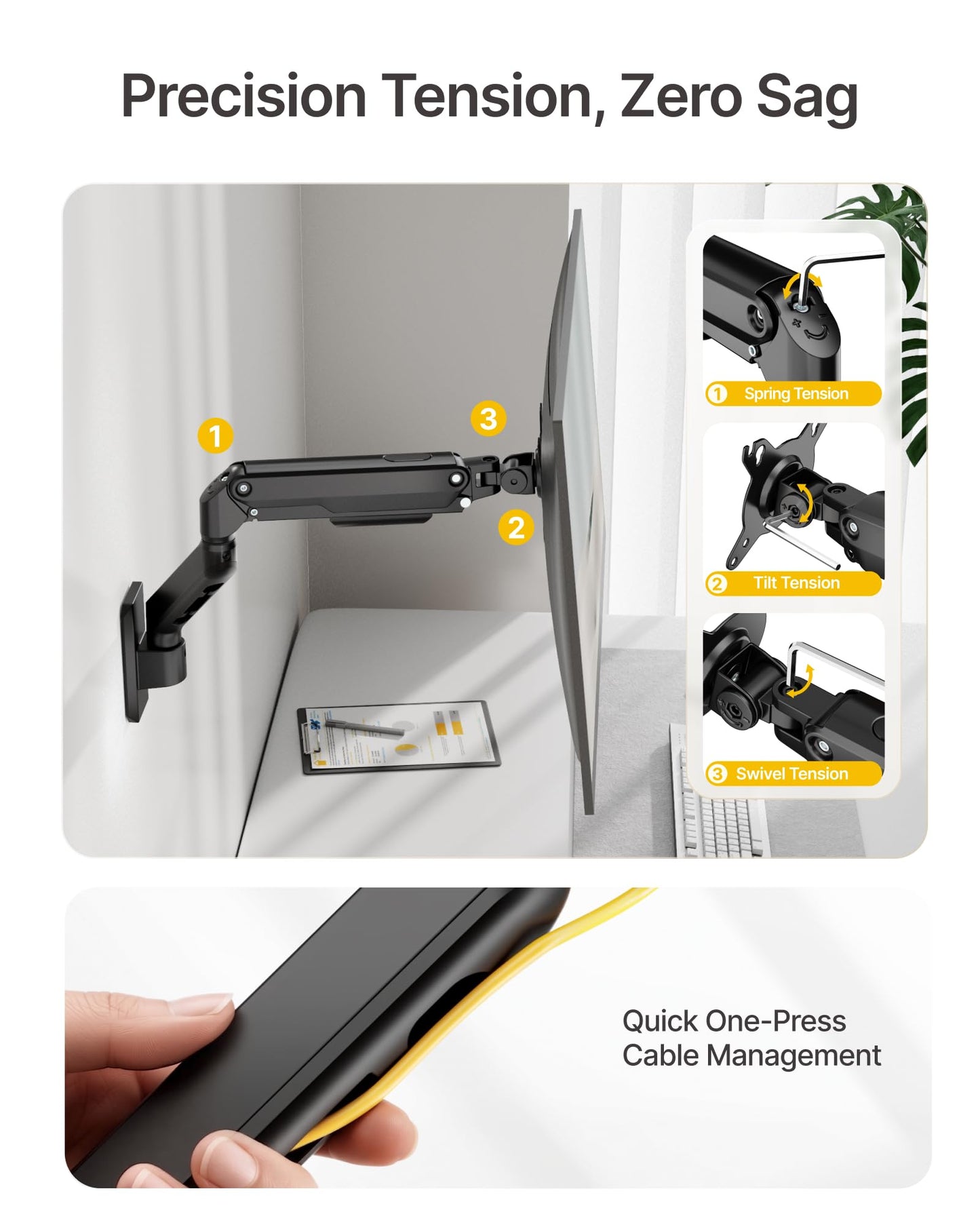 monTEK Single Monitor Wall Mount, Heavy-Duty Adjustable Mount for 17″–32″,Full Motions Arm Mechanical Spring Holds Up to 20lbs, VESA 75x75/100x100,Black