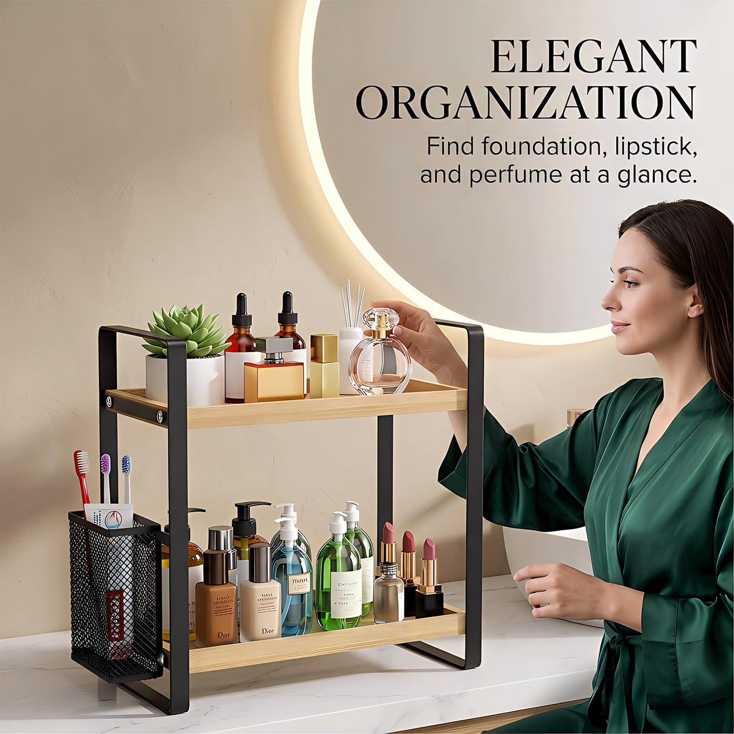 LEMIKKLE Bathroom Countertop Organizer, Perfume Tray and Vanity Organizer,Skincare Organizers for Vanity with Basket,Storage Organizers for Bathroom, Kitchen, Dresser