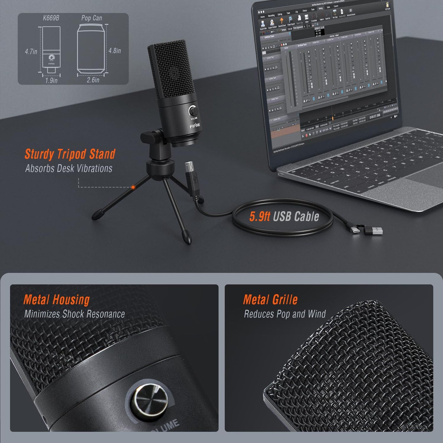 Fifine USB Microphone for PC Computer, Recording Condenser Mic for Laptop MAC/Windows for Vocals,Voice Overs,Streaming Broadcast, Music, YouTube Videos-K669B