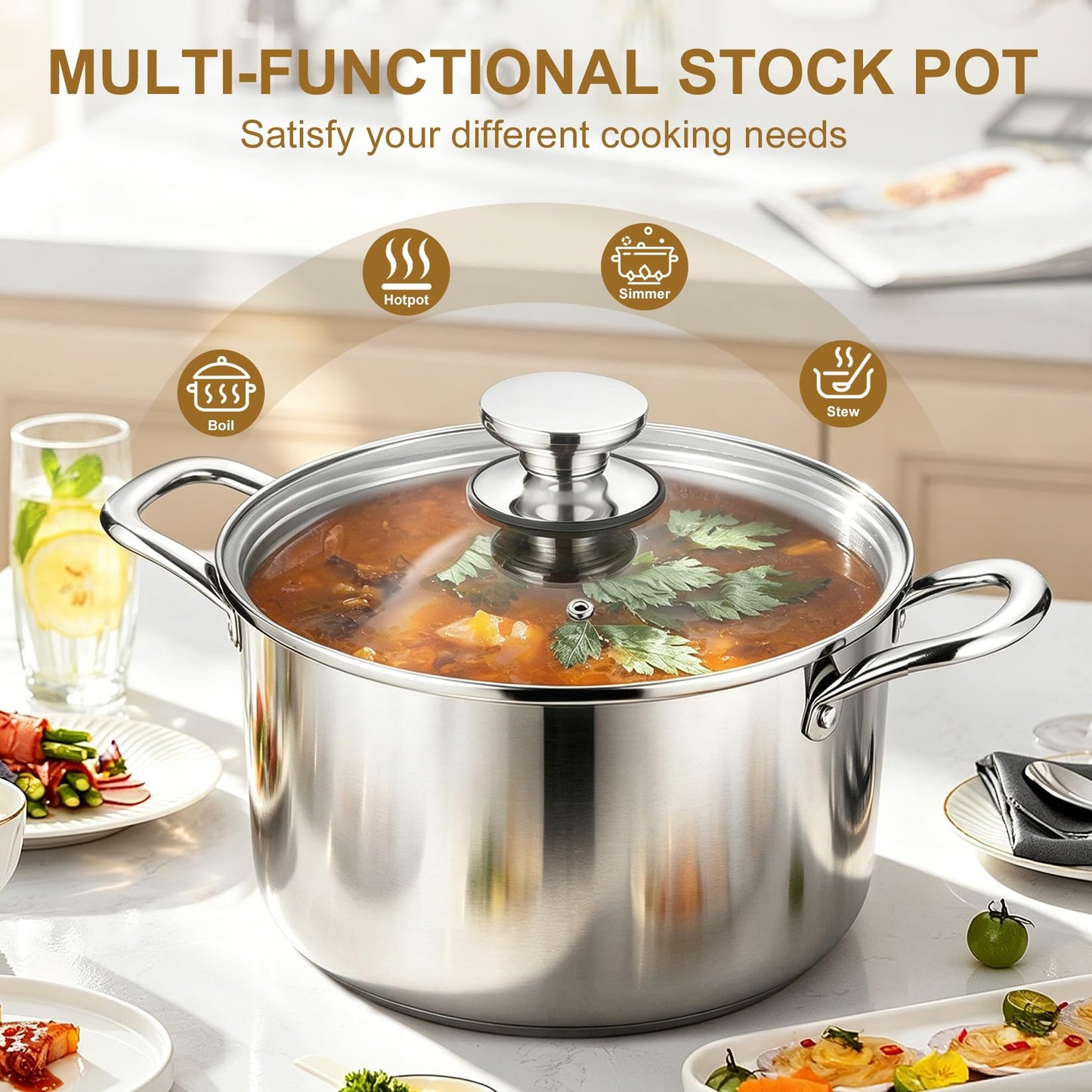 P&P CHEF 8 Quart Stock Cooking Pot, 8QT Tri-Ply Stainless Steel Large Stockpot with Lid for Induction Gas Electric Stoves, Visible Cover & Double Riveted Handles, Heavy Duty & Dishwasher Safe