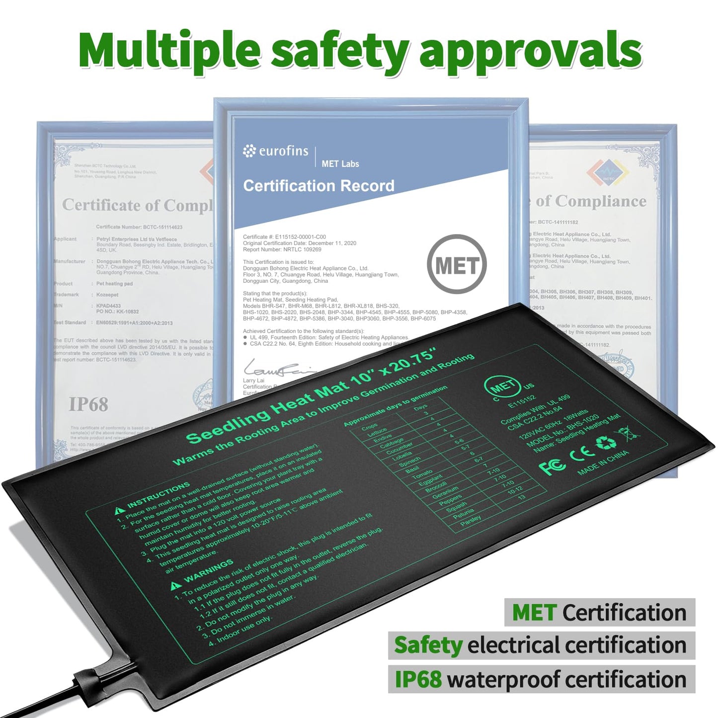 Bestio 10 in x 20.75 in Seedling Heat Mat, Waterproof Heat mats for Seed Starting, MET & UL Dual Certification Standard for Seeding, Greenhouse Growing