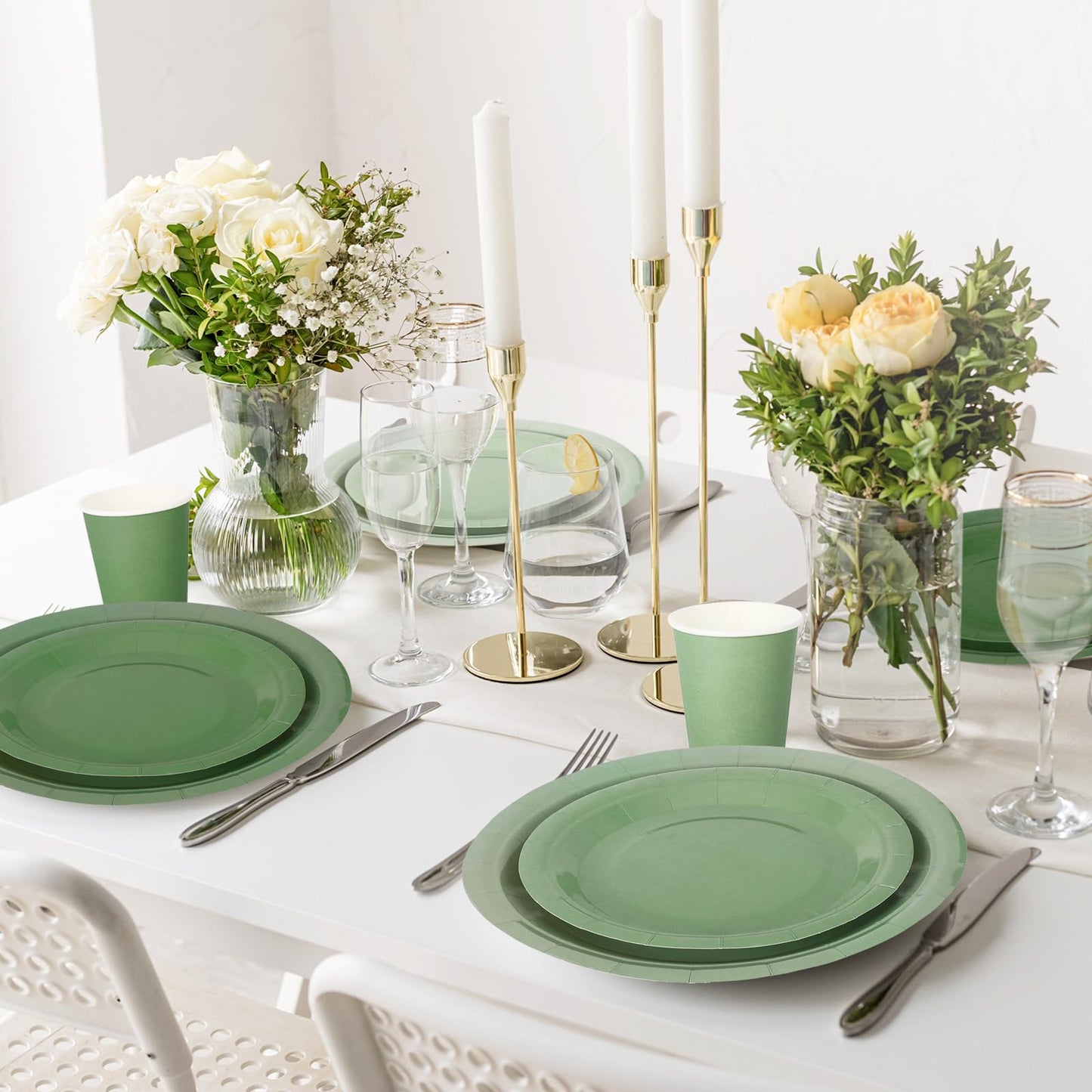 Whaline 96Pcs Sage Green Tableware Set Serves 24 Gradient Green Disposable Dinnerware 24 9" Plates 24 7" Plate 24 9oz Cups 24 Napkins for Wedding Birthday Party Supplies
